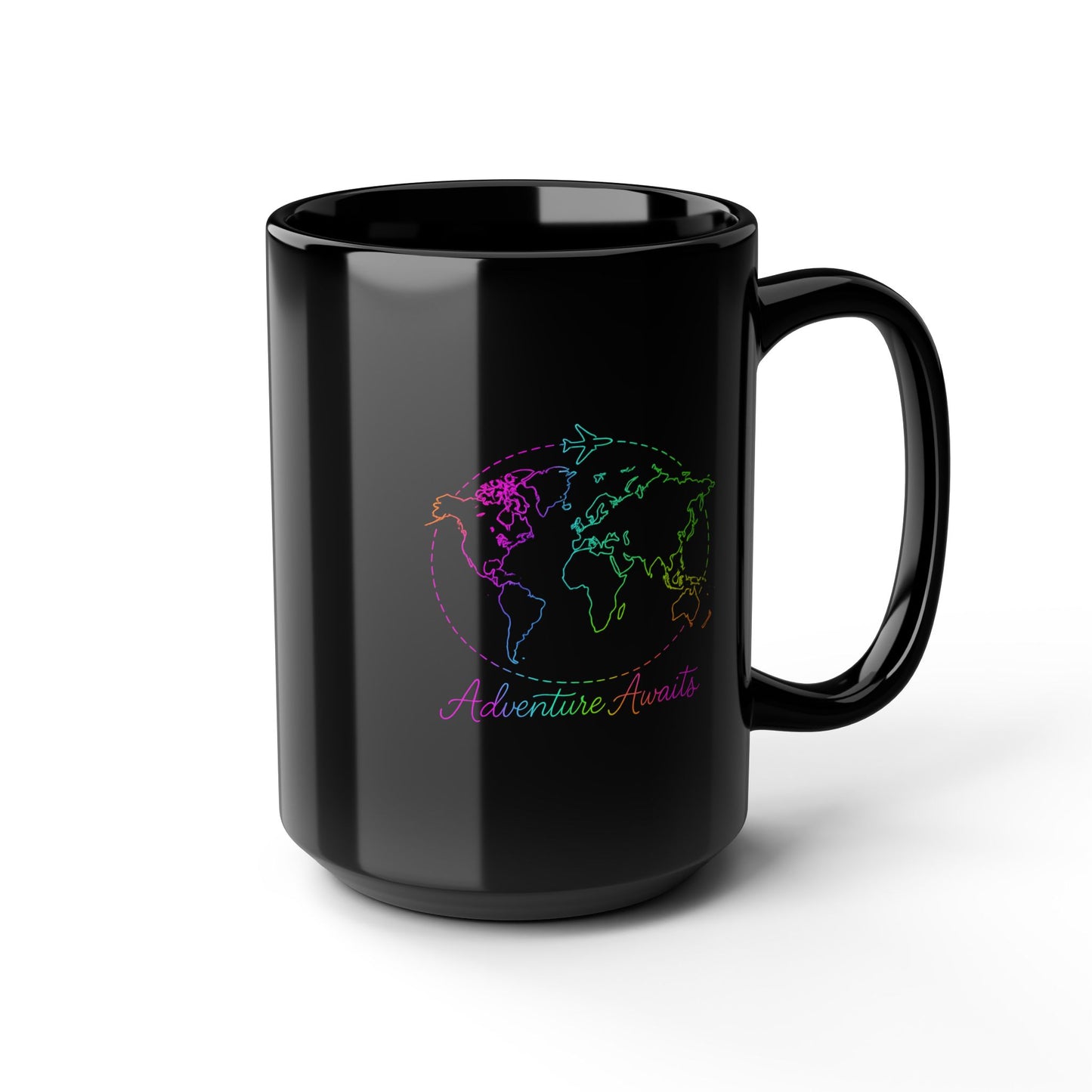 Adventure Awaits Neon Line Mug - Y2K Travel Coffee Cup - Rainbow World Map, Plane Design Ceramic Gift for Wanderlusters
