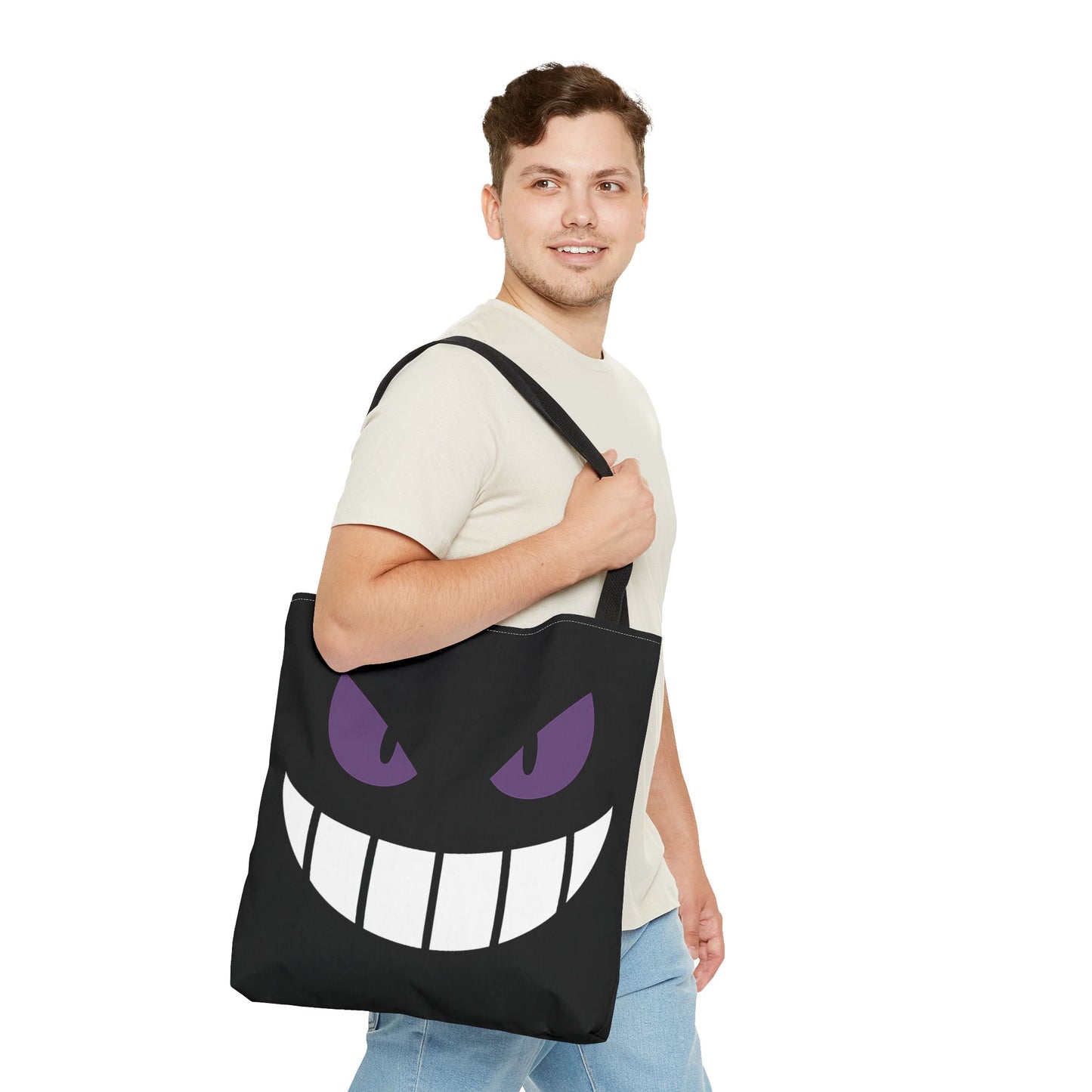 Evil Grin Tote Bag, Spooky Purple Eyes Reusable Shopping Bag, Creepy Cute Halloween Tote, Gothic Horror Canvas Bag, Gamer Room Accessory