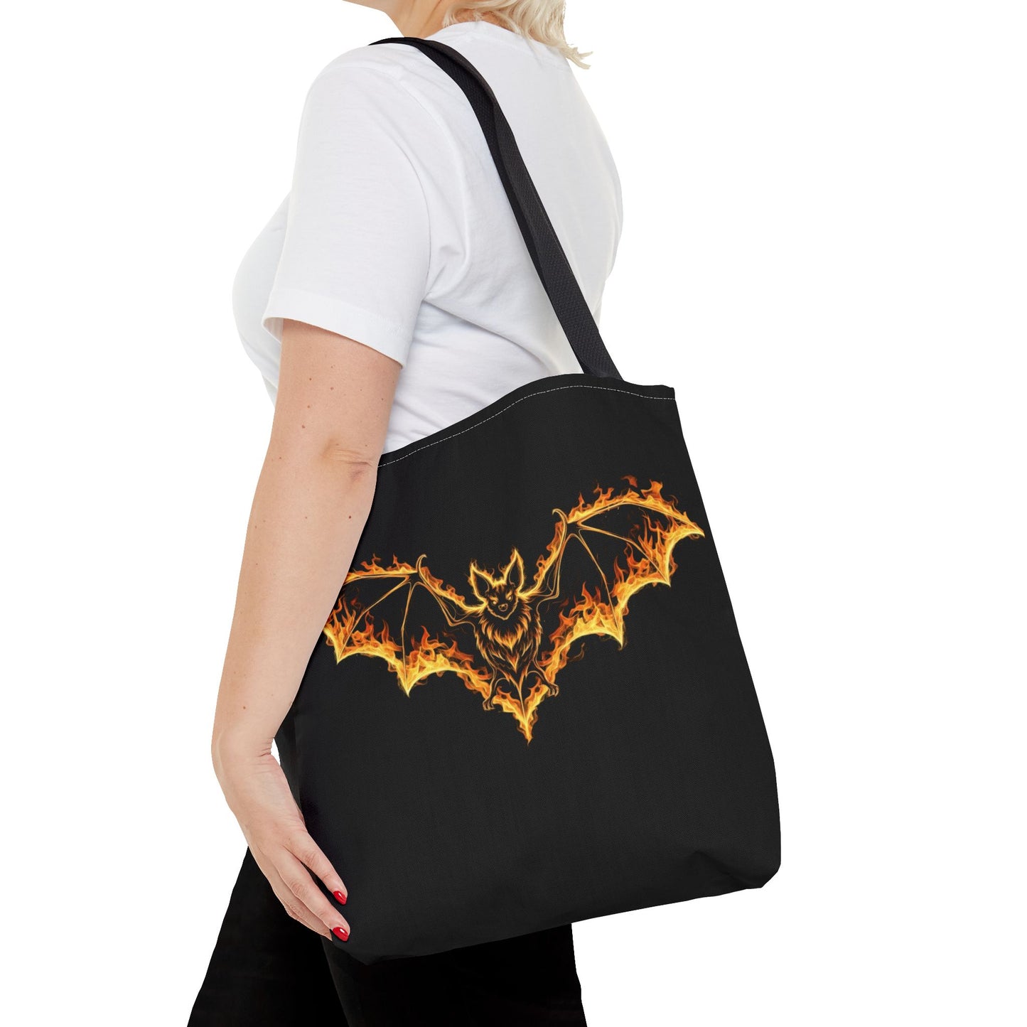 Flaming Bat Tote Bag, Gothic Halloween Canvas Tote, Fiery Wing Bat Design Tote, Spooky Season Accessory, Gothic Gift Tote