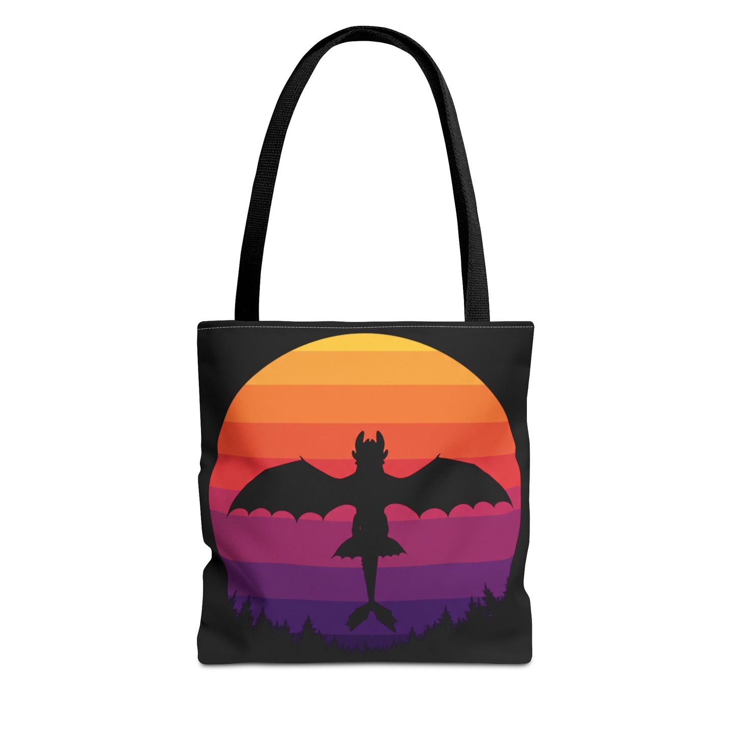 Sunset Dragon Flight Tote Bag, Reusable Eco-Friendly Shoulder Bag With Silhouette Design, Aesthetic Black Tote For Everyday Use And Gifts