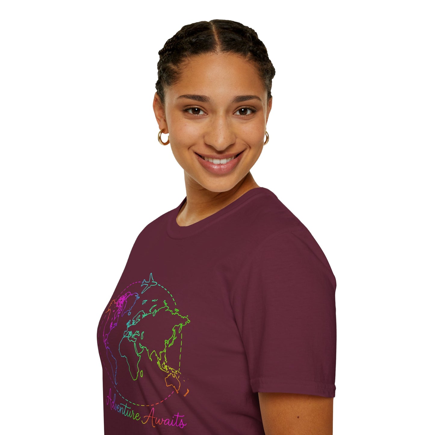 Adventure Awaits Neon Y2K Shirt - Retro Travel Tee, Rainbow Globe Graphic, Aesthetic Vacation Top, Y2K Gift for Travelers