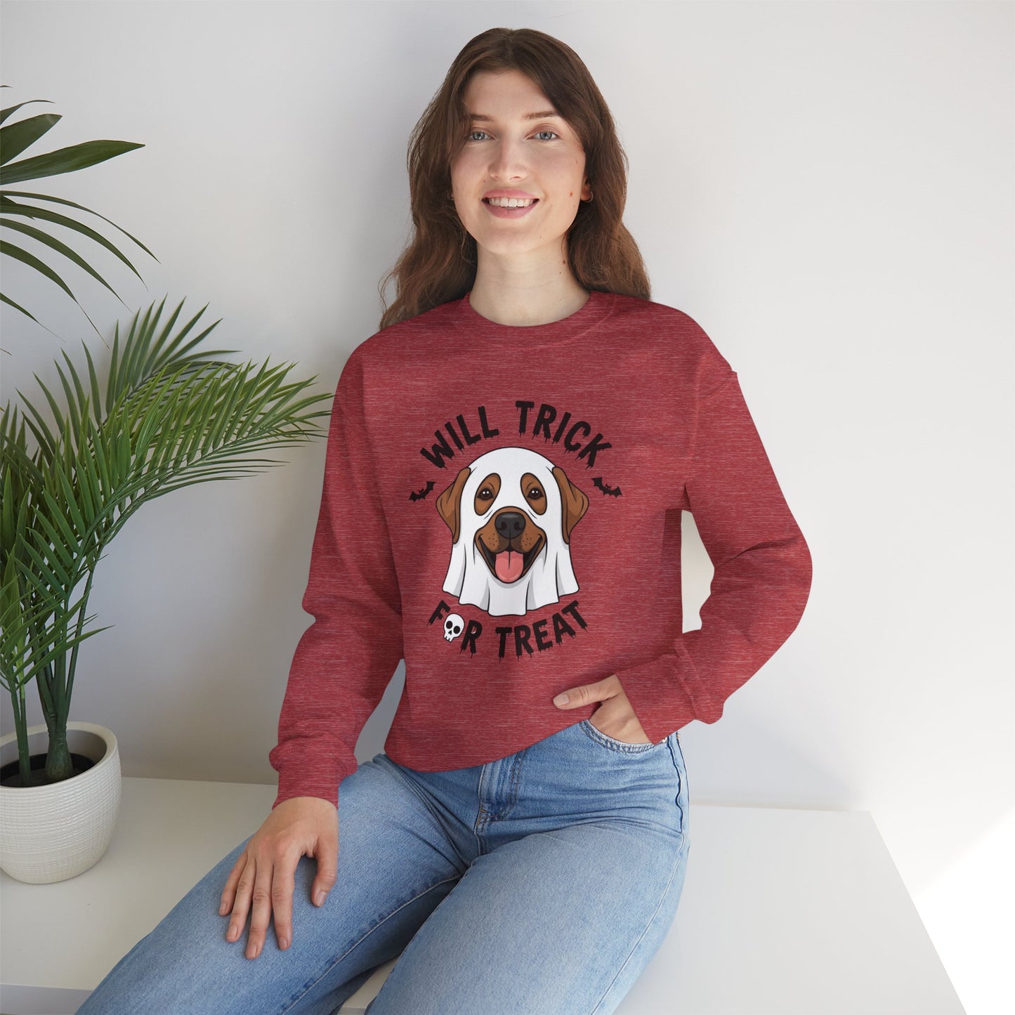 Will Trick for Treat Sweatshirt, Ghost Dog Halloween Crewneck, Funny Pet Costume Graphic Pullover, Trick-or-Treat Dog Lover Gift Sweater