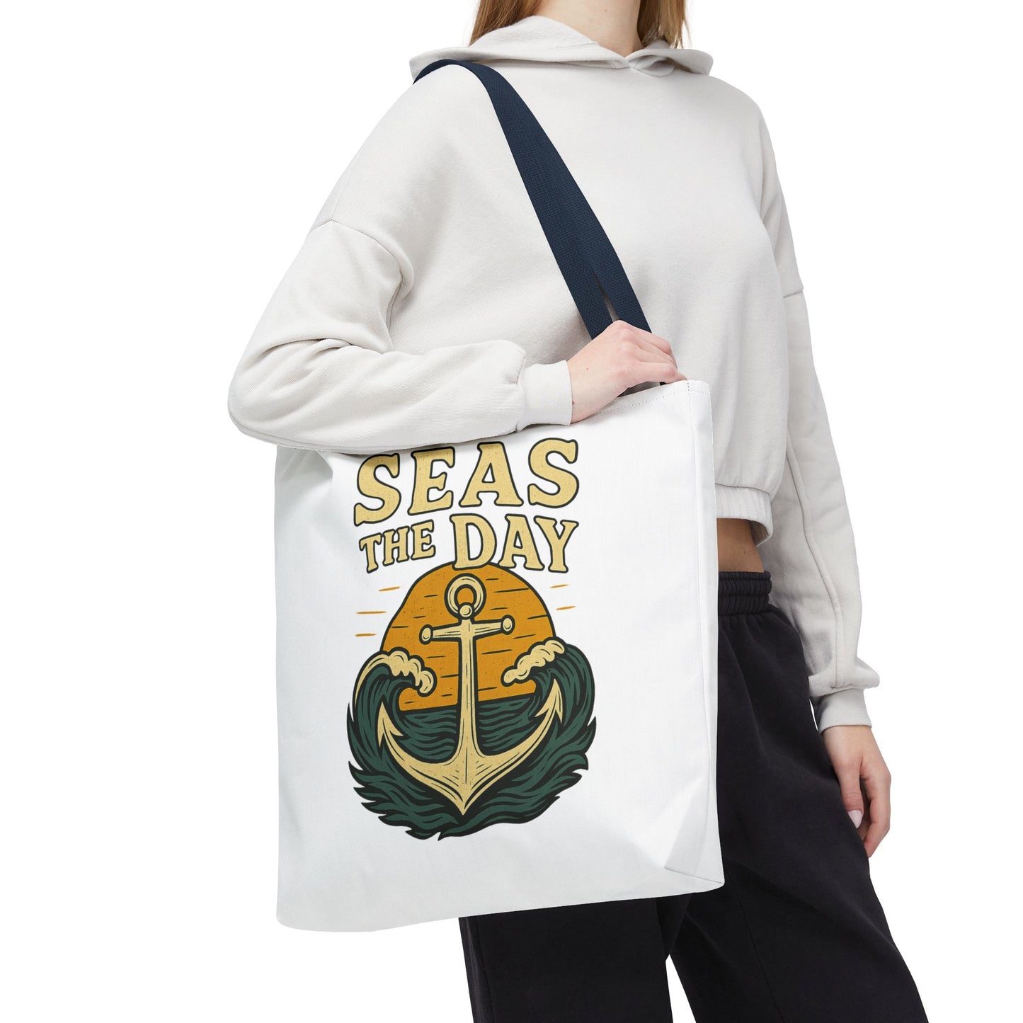 "Seas the Day" Nautical Tote Bag – Funny Beach Quote Canvas Bag with Anchor | Coastal Gift Idea for Summer, Travel, or Daily Use