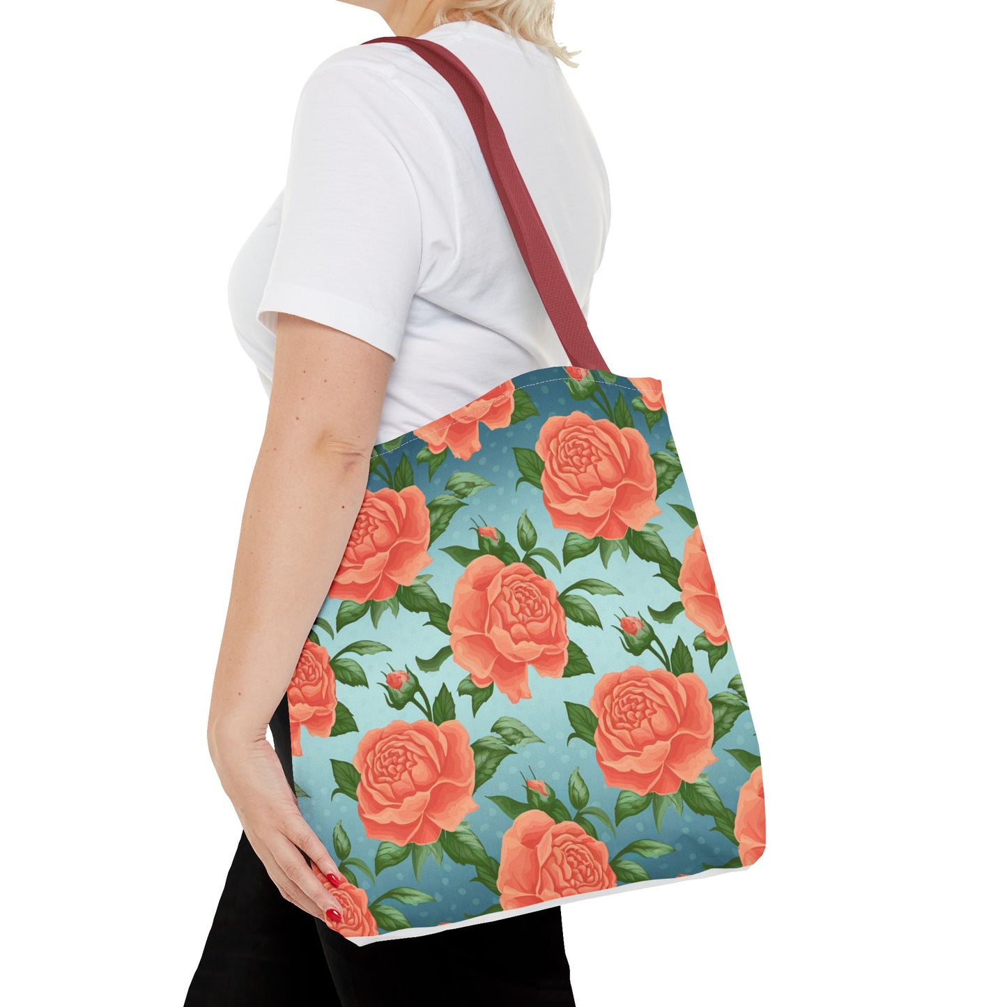 Vintage Floral Tote Bag – Coral Rose Pattern on Blue Background – Aesthetic Everyday Carry Bag – Reusable Fabric Market Tote Gift