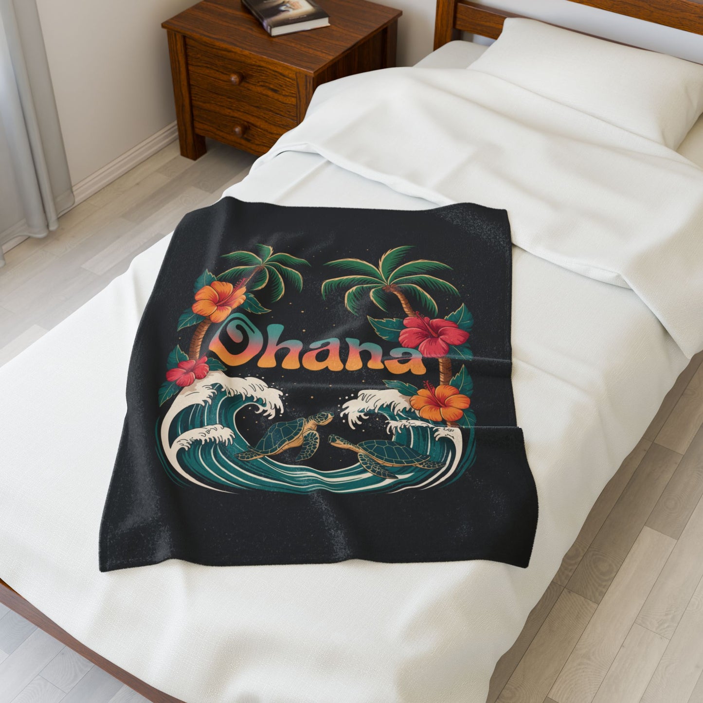 Ohana Hawaiian Turtle Blanket - Tropical Beach Throw with Palm Trees & Hibiscus - Cozy Coastal Decor Gift - Soft Summer Bed Blanket