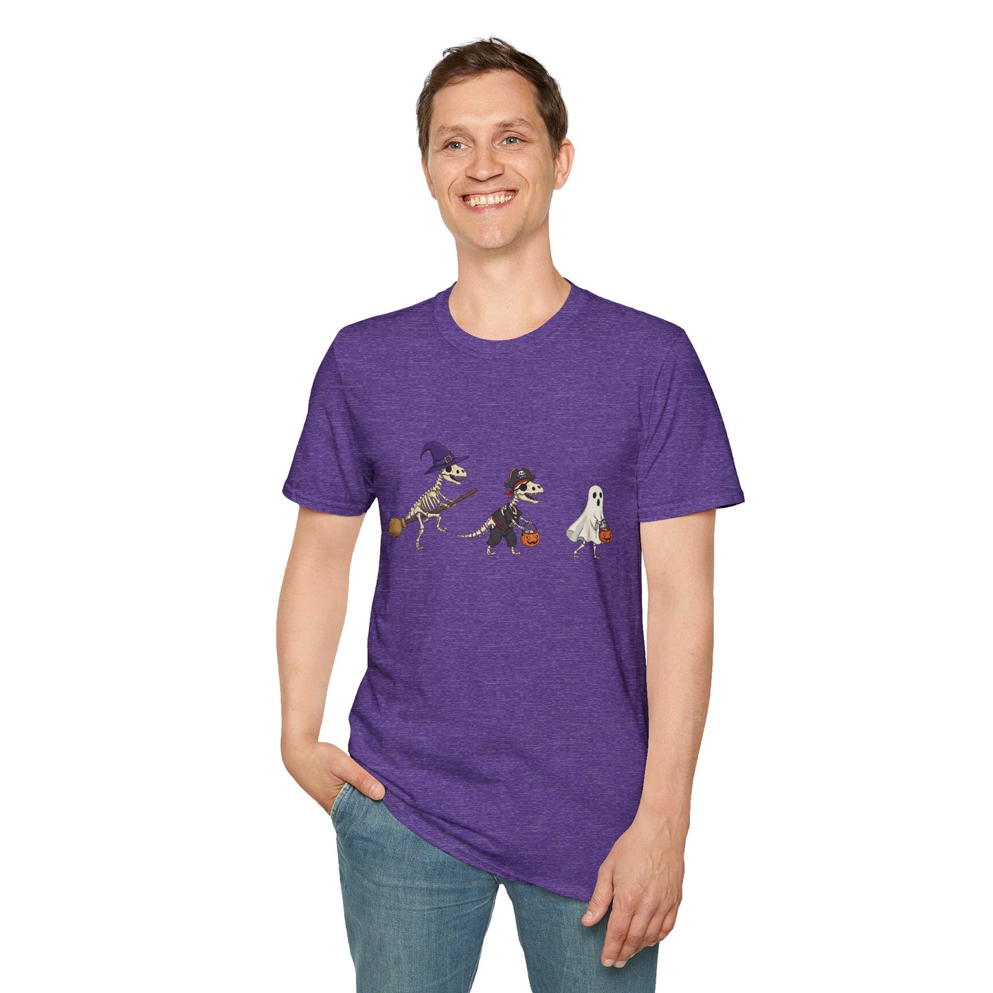 Halloween Dinosaur Skeleton Shirt - Trick-or-Treat Dino Tee, Funny T-Rex Ghost and Witch Costume Shirt, Spooky Cute Skeleton Tee, Unisex