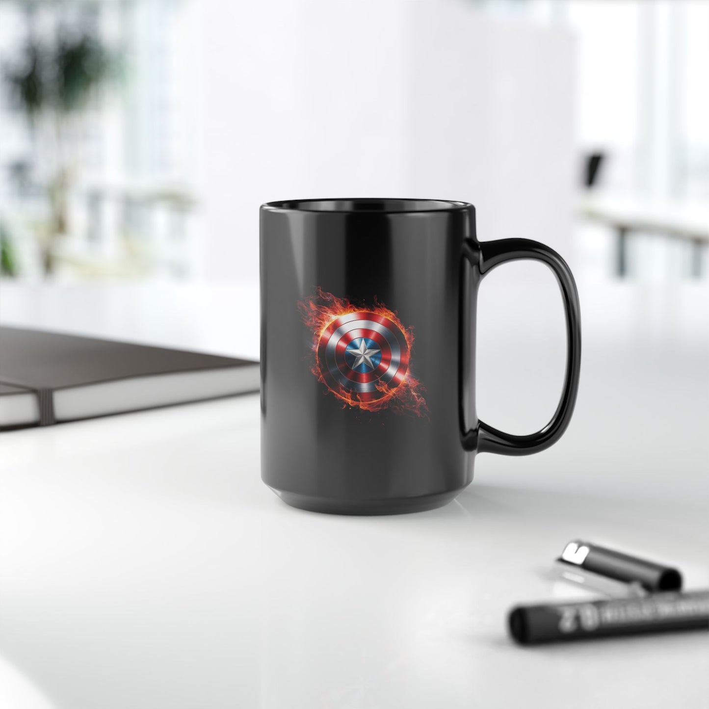 Flaming Shield Emblem Mug - Fiery Red White Blue Star Coffee Cup, Metal-Inspired Symbol Design, Bold Hero Vibes Gift for Fans and Coffee Lovers