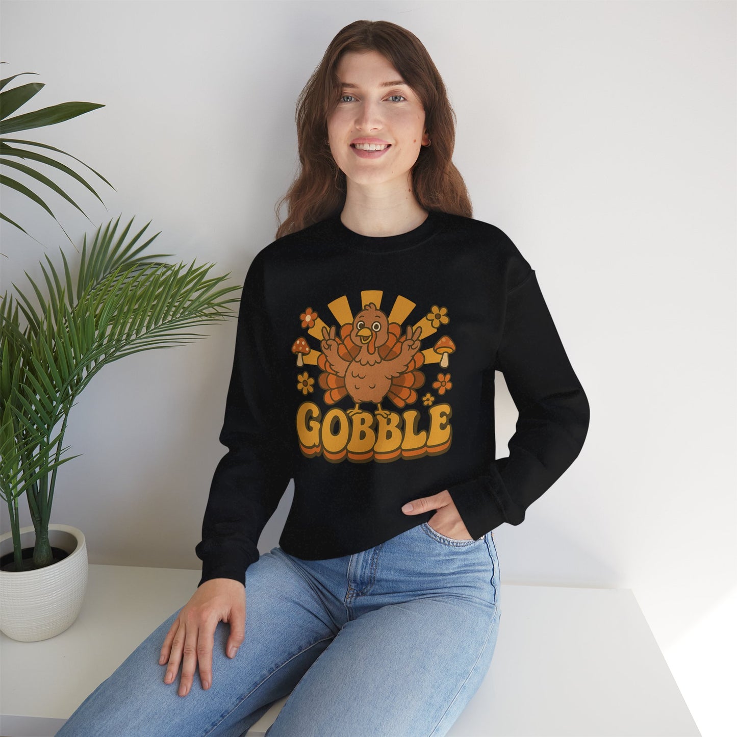 Gobble Turkey Sweatshirt, Retro Fall Turkey Crewneck, Thanksgiving Graphic Pullover, Autumn Mushroom & Flower Design, Cozy Fall Top
