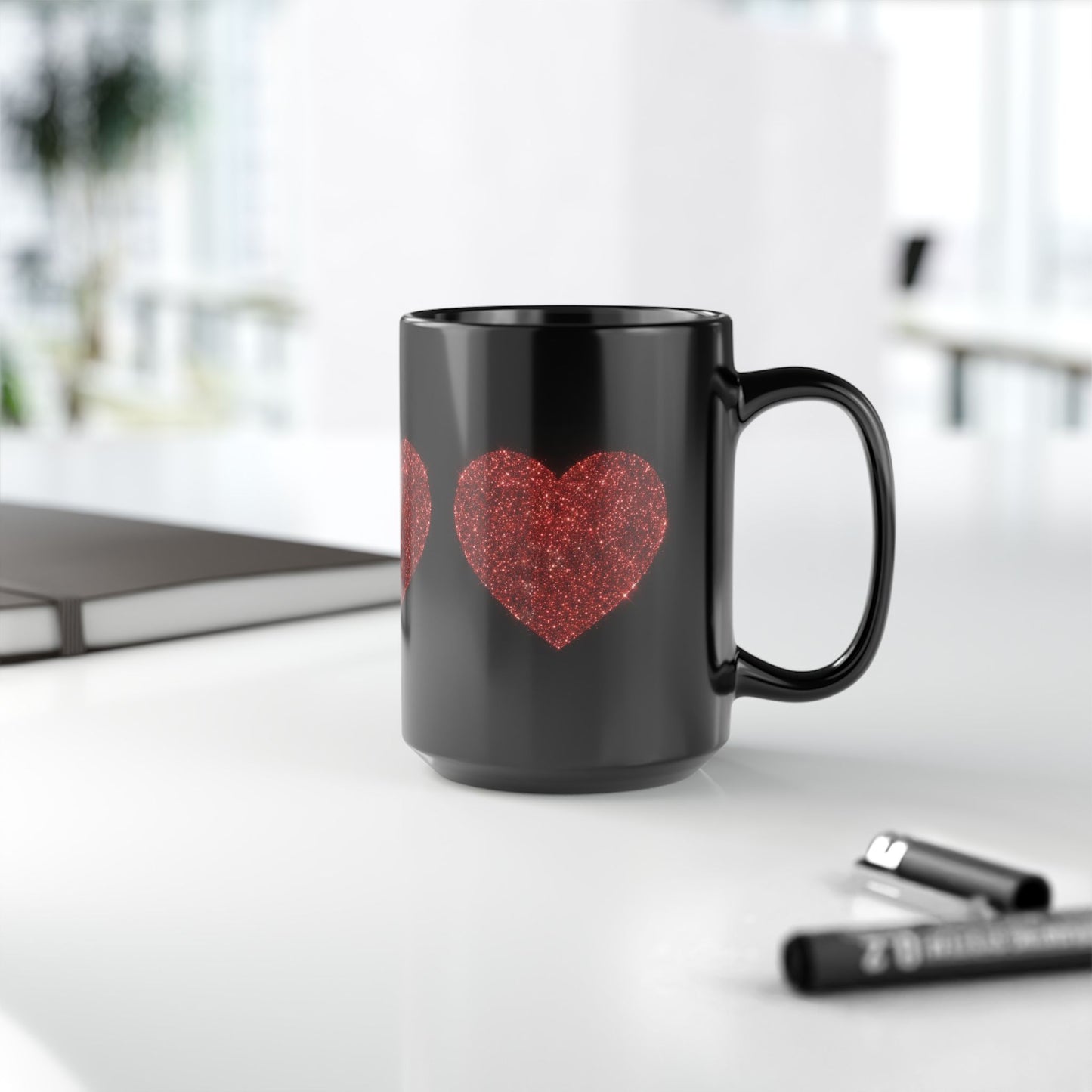 Glitter Heart Mug, Red Sparkle Heart Coffee Cup, Black Valentine Mug, Love Gift For Her Him, Romantic Coffee Mug