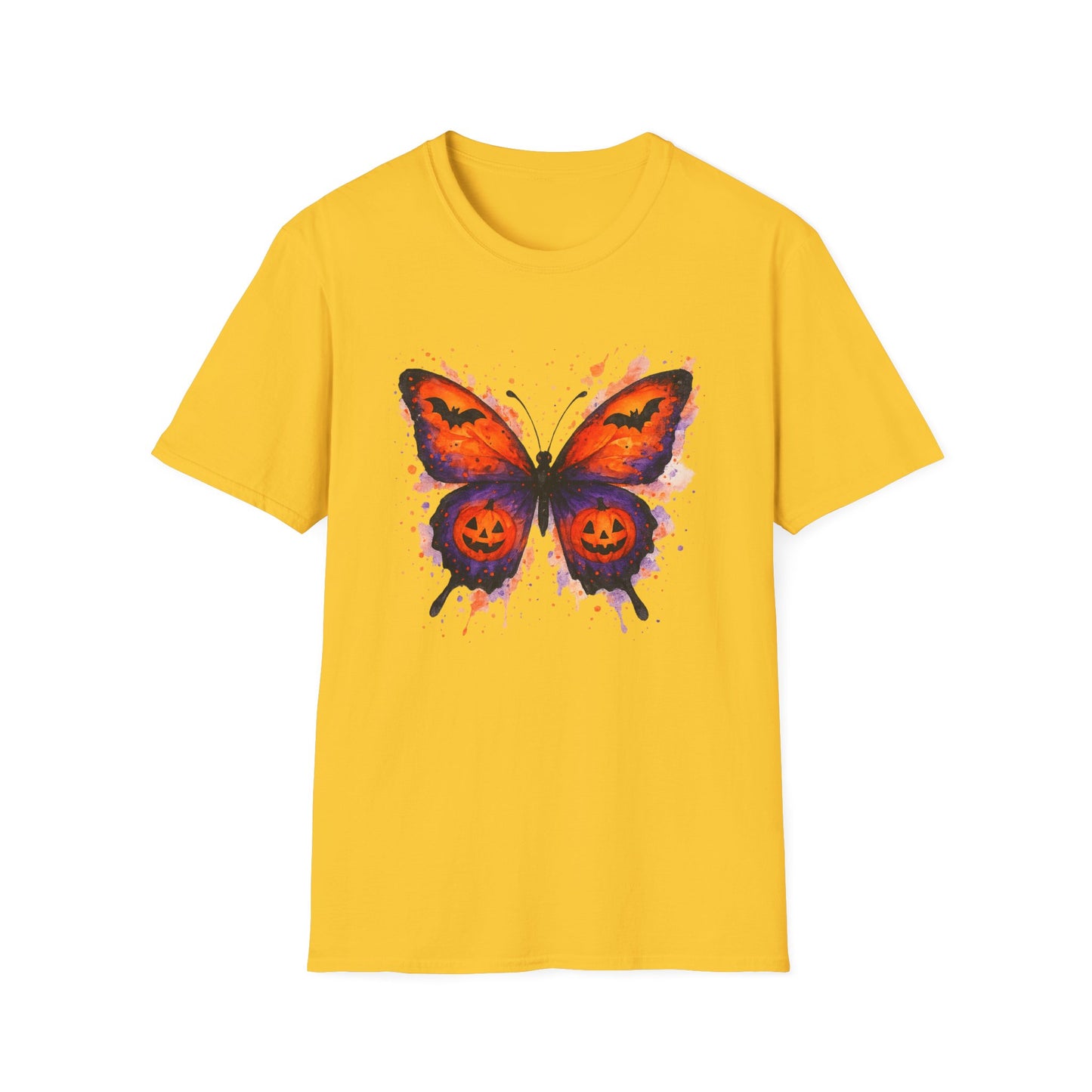 Halloween Watercolor Butterfly T-Shirt - Pumpkin Butterfly Tee, Spooky Butterfly Shirt, Bat and Jack-O'Lantern Wings, Fall Aesthetic Tee