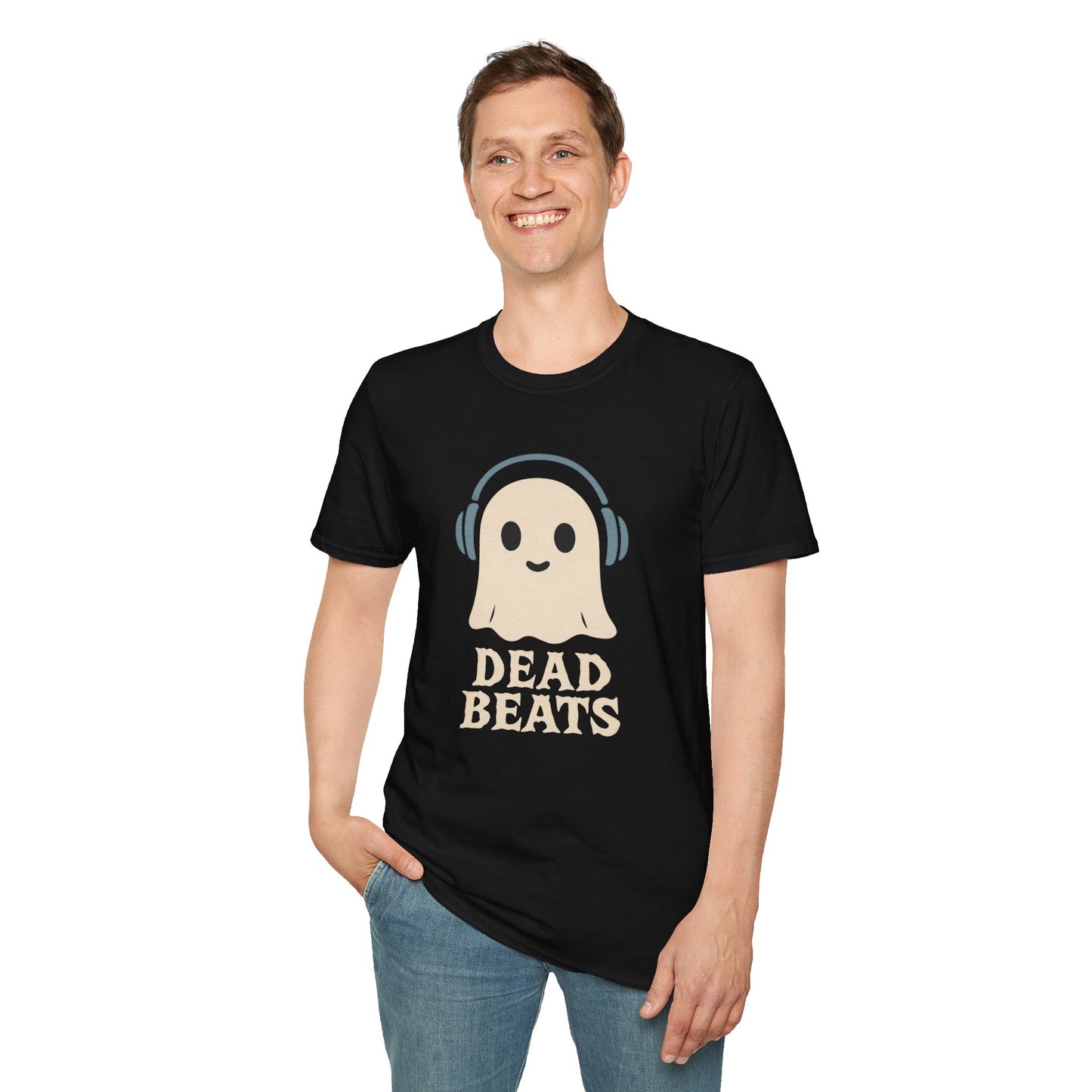 Dead Beats Ghost T-Shirt - Funny Music Halloween Shirt - Cute Ghost with Headphones Tee - Gift for DJs, Musicians and Spooky Season
