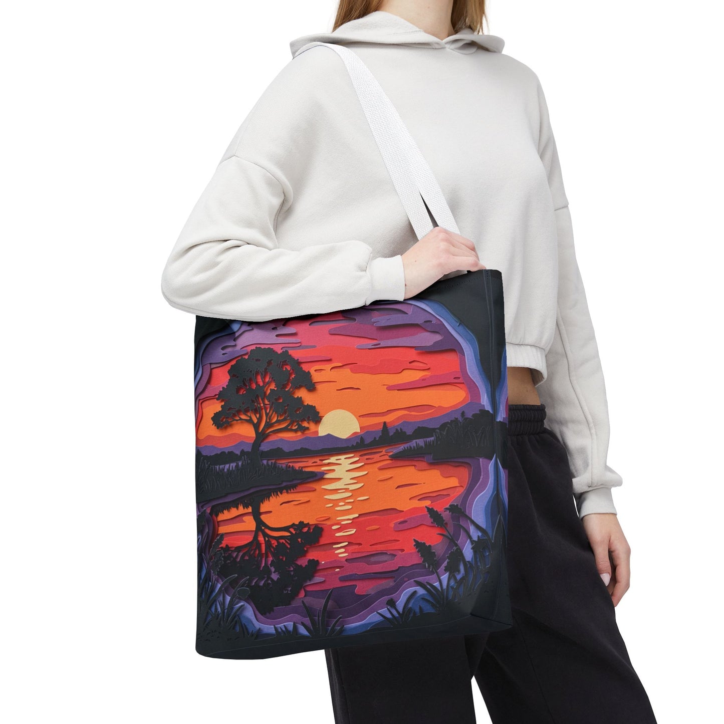 Sunset Landscape Canvas Tote Bag – Paper‑Art Inspired Nature Scene Tote – Colorful Sunset Market Tote, Eco Reusable Beach Bag, Vibrant Gift for Her