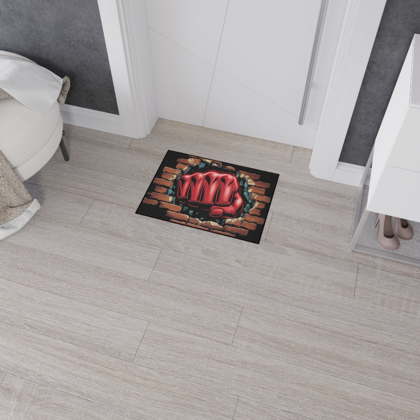 Floor Mat - Fun Red Fist Smashing Through Wall Design