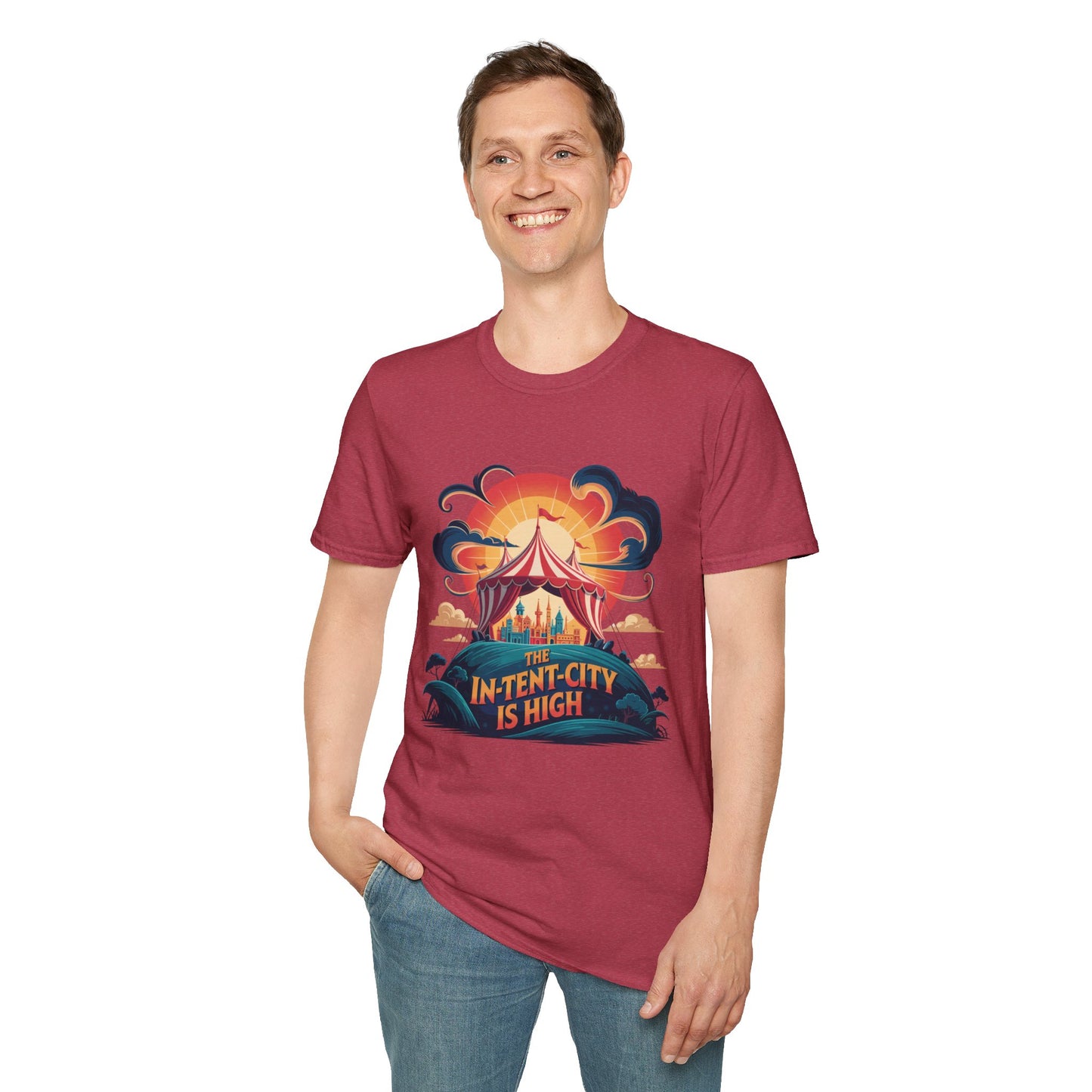 In-Tent-City Is High Retro Camp T-Shirt | Vintage Circus Tent + Cityscape Graphic | Funny Outdoors Urban Adventure Tee | Unisex Camper Shirt