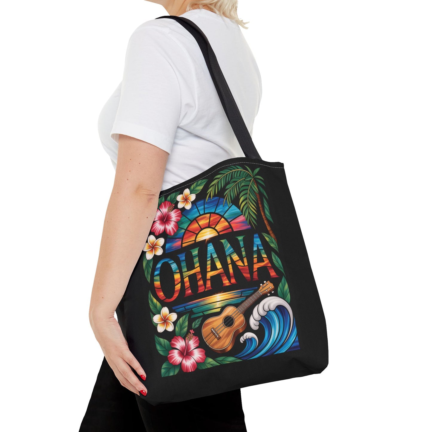 Ohana Tote Bag – Hawaiian Tropical Beach Bag with Ukulele, Sunset & Hibiscus Flowers, Island Gift for Women, Aloha Family Vibes