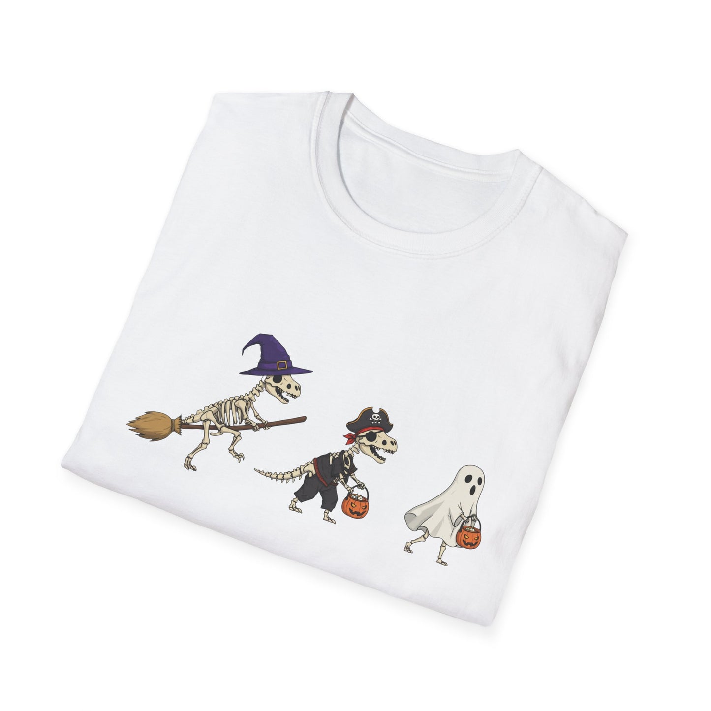 Halloween Dinosaur Skeleton Shirt - Trick-or-Treat Dino Tee, Funny T-Rex Ghost and Witch Costume Shirt, Spooky Cute Skeleton Tee, Unisex