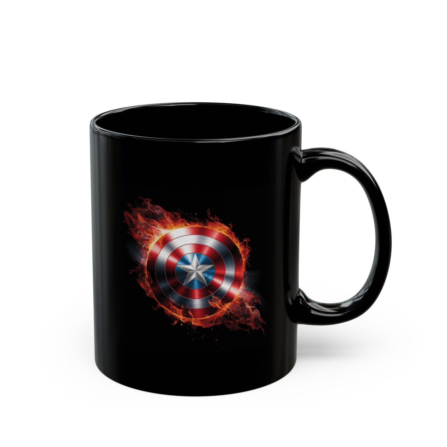 Flaming Shield Emblem Mug - Fiery Red White Blue Star Coffee Cup, Metal-Inspired Symbol Design, Bold Hero Vibes Gift for Fans and Coffee Lovers