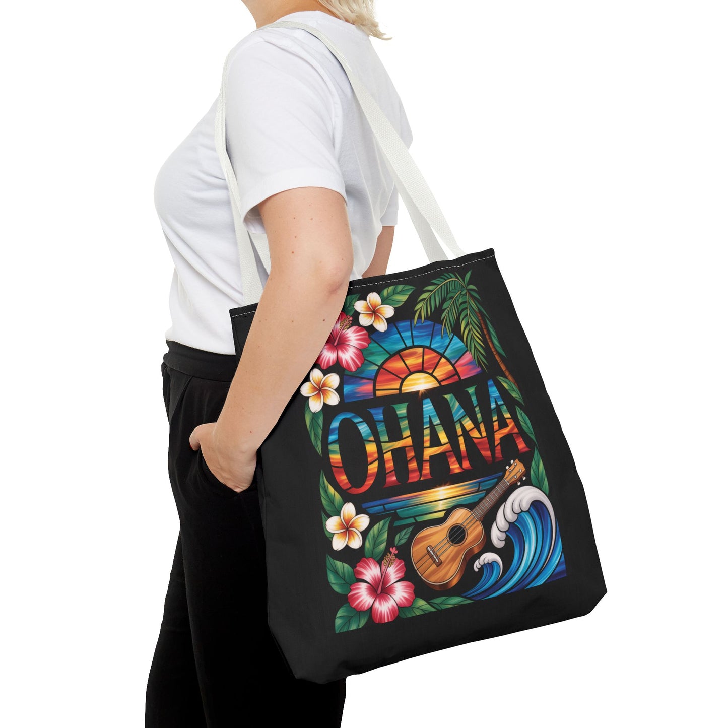 Ohana Tote Bag – Hawaiian Tropical Beach Bag with Ukulele, Sunset & Hibiscus Flowers, Island Gift for Women, Aloha Family Vibes