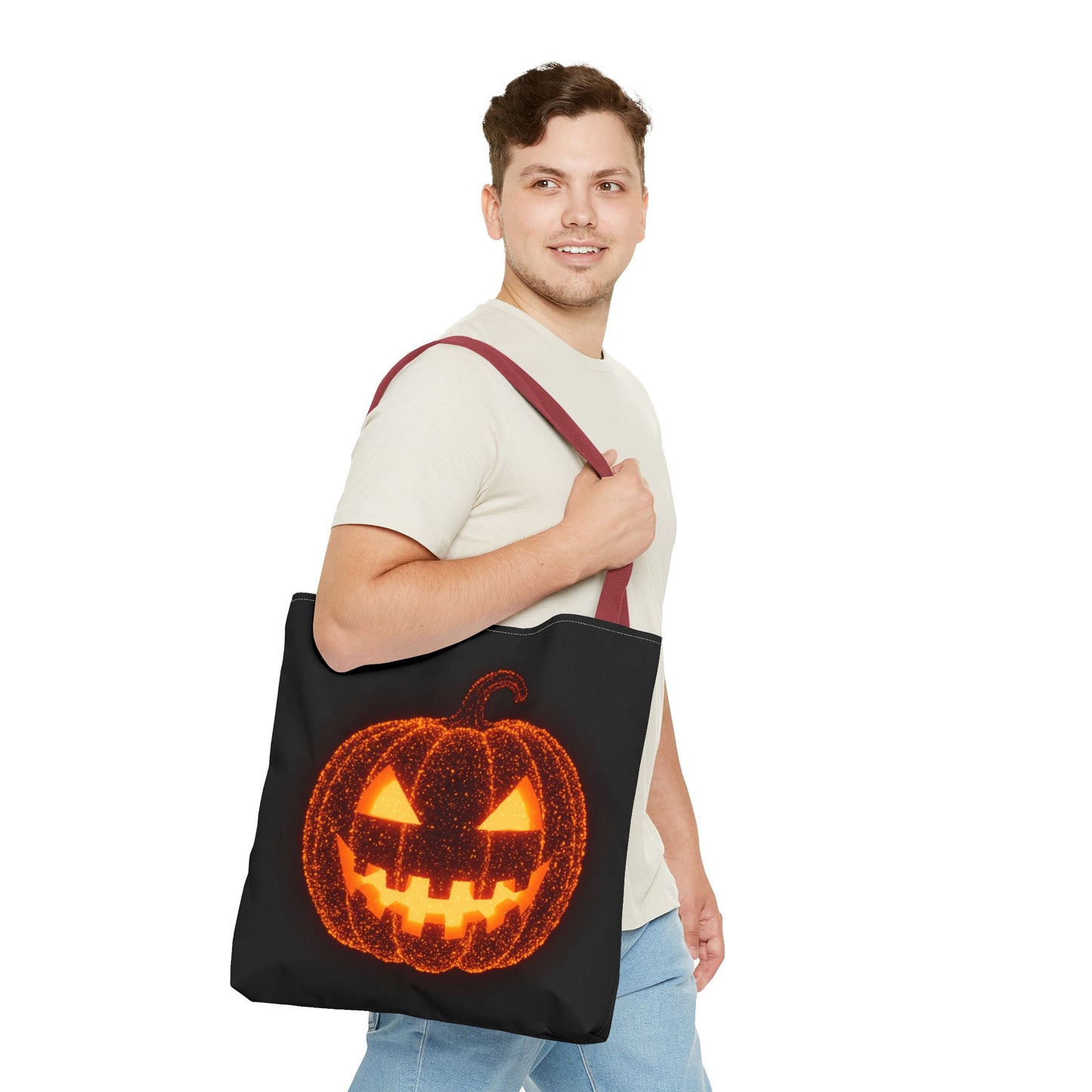 Glowing Pumpkin Tote Bag, Jack O Lantern Halloween Canvas Tote, Spooky Trick Or Treat Bag, Reusable Pumpkin Design Tote, Halloween Gift Bag