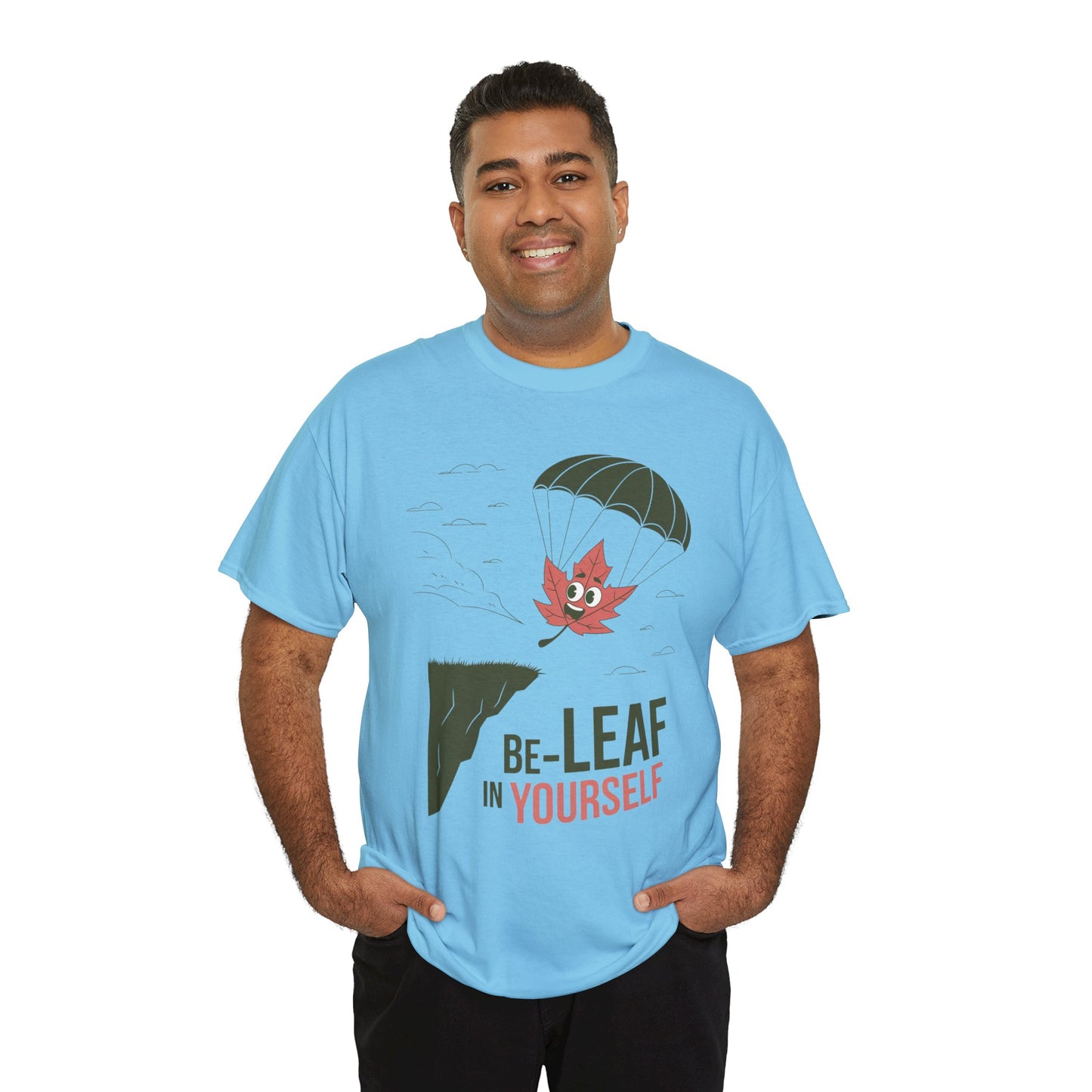 Be-Leaf In Yourself Maple Leaf Parachute T-Shirt | Funny Motivational Nature Graphic Tee | Self-Love Fall Autumn Shirt | Outdoorsy Gift