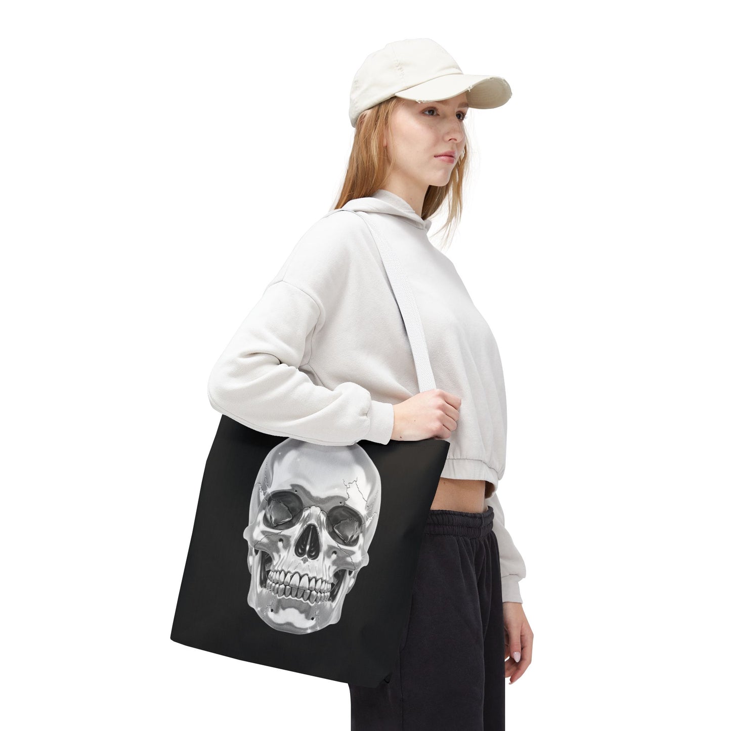 Chrome Skull Tote Bag, Gothic Halloween Canvas Tote, Metallic Skull Design Bag, Spooky Season Accessory, Skull Gift Tote For Horror Fans