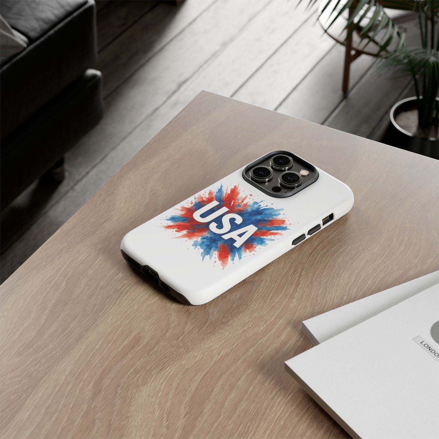 USA Splash iPhone Case - Patriotic Red White Blue Tough Cover, Dual-Layer Protection, 4th of July Memorial Day Gift