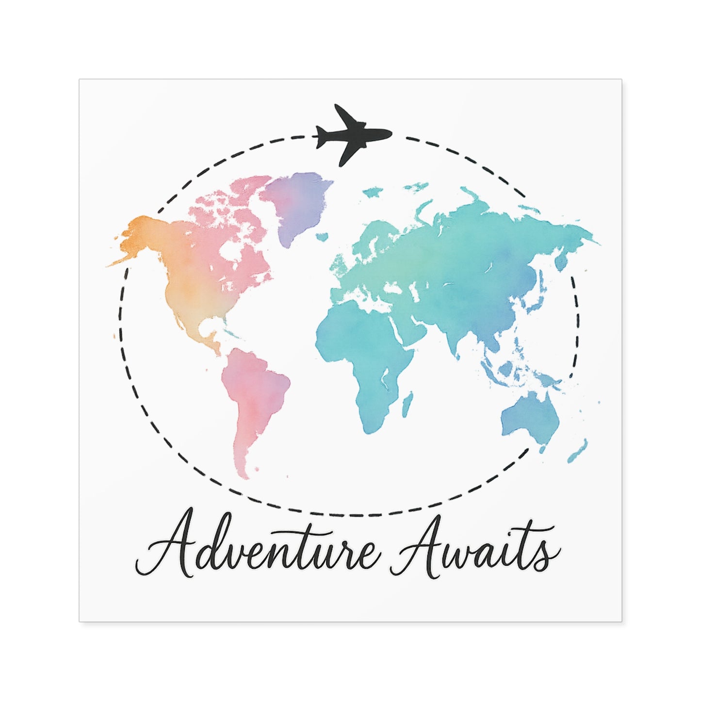 Watercolor Adventure Awaits World Map Sticker - Travel Vinyl Laptop Decal, Wanderlust Gift, Waterproof Aesthetic Globe Sticker