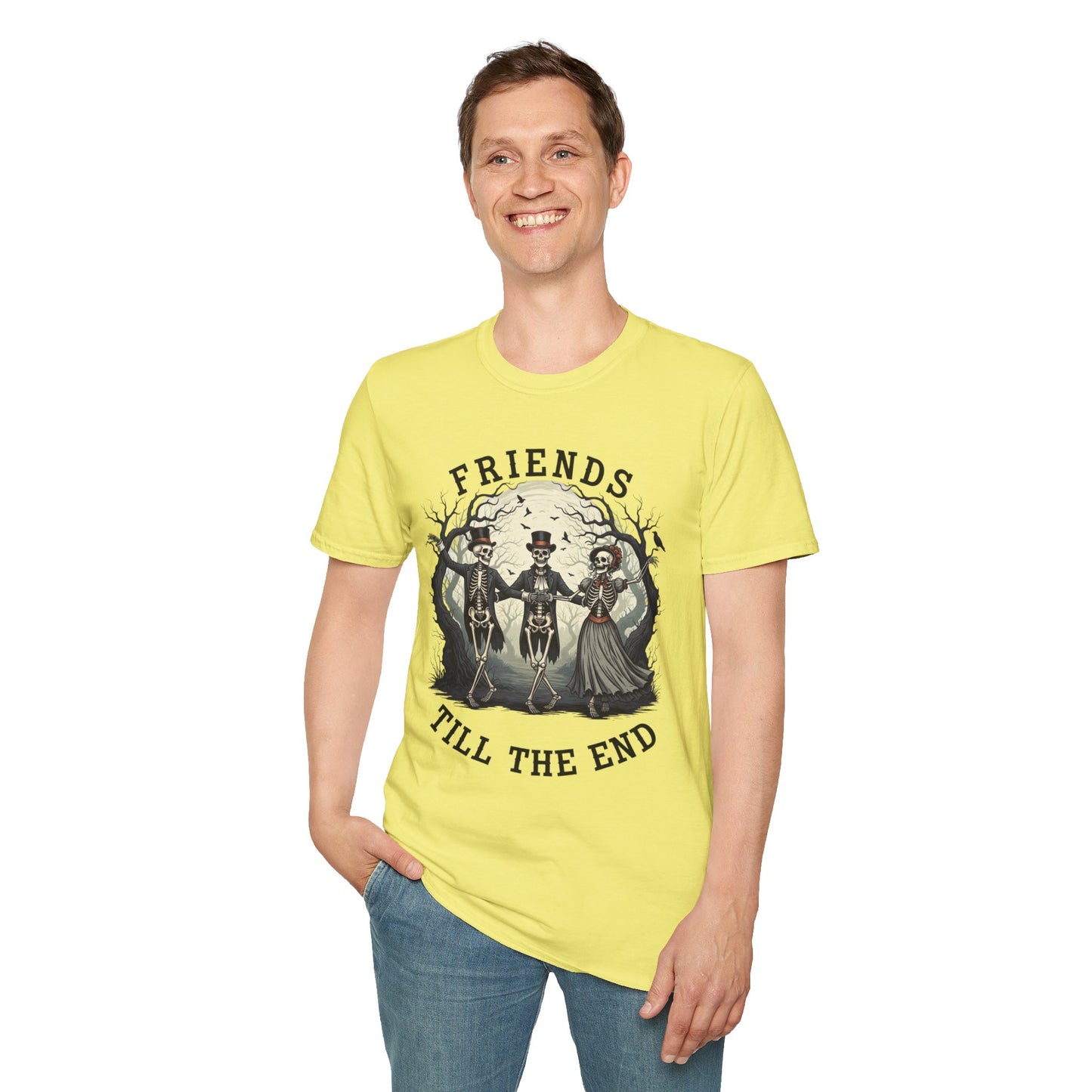 Friends Till The End Skeleton Tee | Dancing Skeleton Friends Shirt | Halloween Gothic BFF Gift | Unisex Heather Grey Graphic T-Shirt