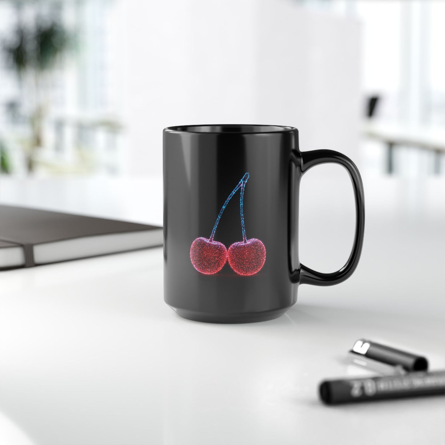 Cherry Art Black Coffee Mug | Bold Fruit Design Cup | Unique Kitchen Drinkware | Cool Modern Cherry Lover Gift | 11oz & 15oz Ceramic