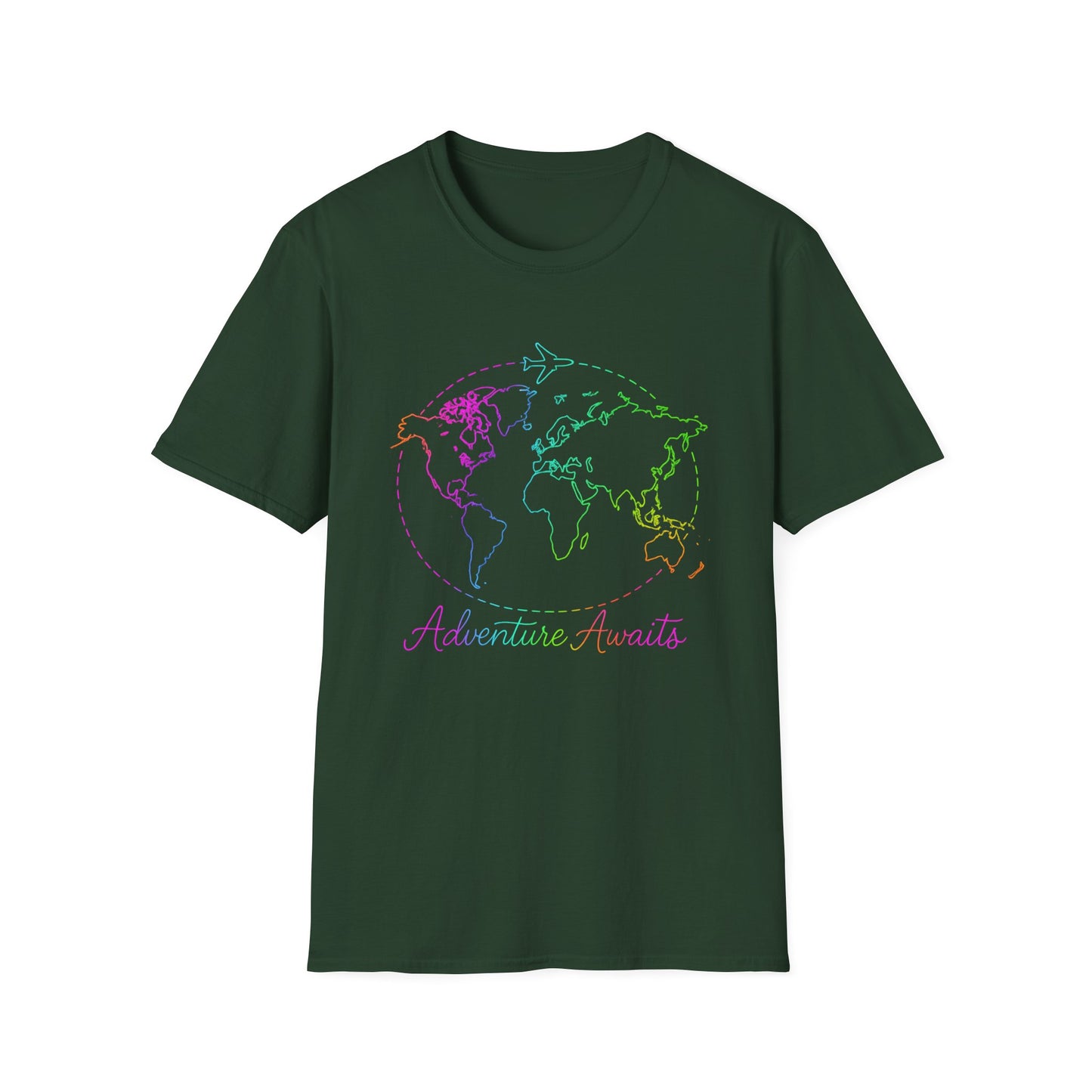 Adventure Awaits Neon Y2K Shirt - Retro Travel Tee, Rainbow Globe Graphic, Aesthetic Vacation Top, Y2K Gift for Travelers