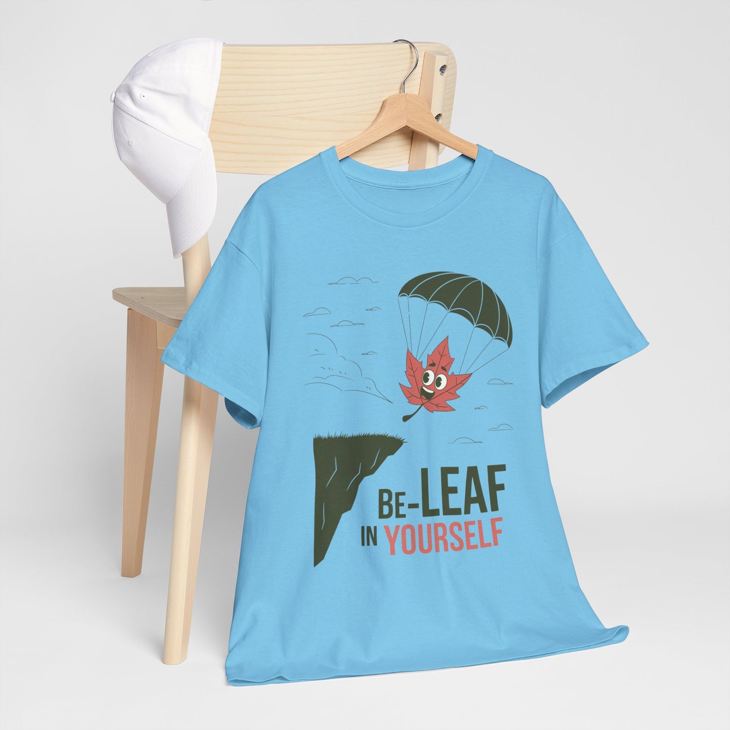Be-Leaf In Yourself Maple Leaf Parachute T-Shirt | Funny Motivational Nature Graphic Tee | Self-Love Fall Autumn Shirt | Outdoorsy Gift