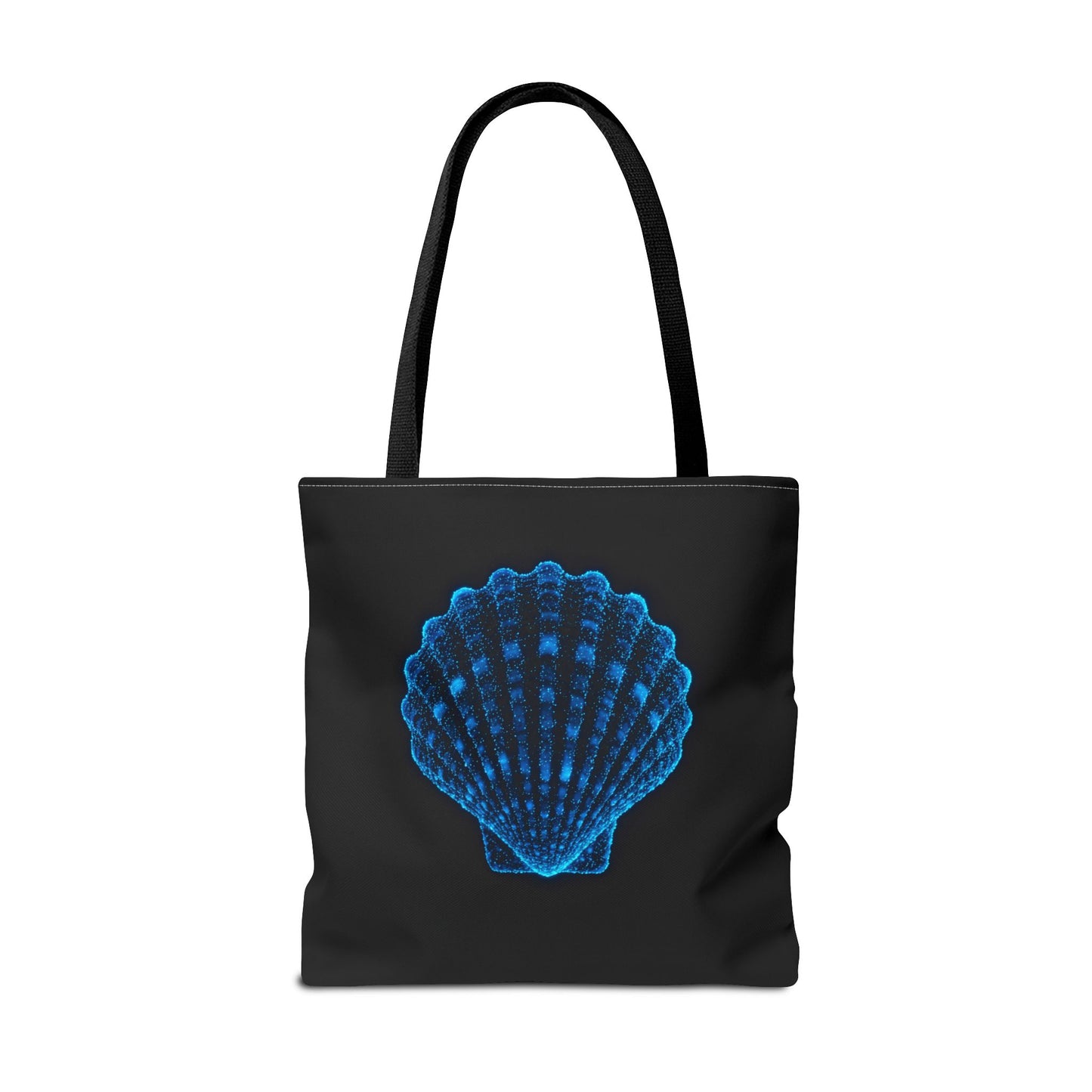 Neon Blue Shell Tote Bag – Digital Scallop Design Canvas Tote, Ocean Tech Art, Minimalist Beach Statement, Reusable Black Shopper Bag