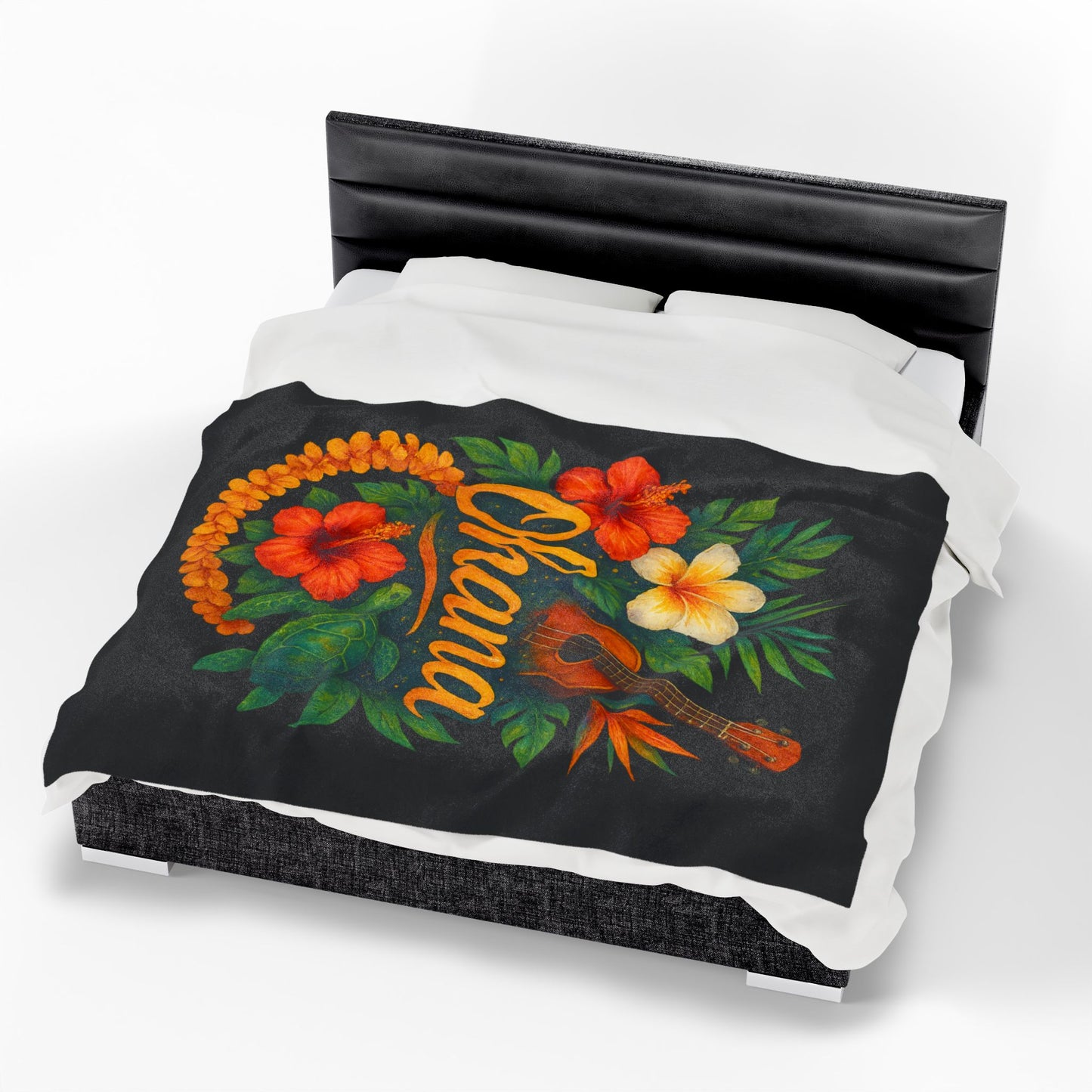 Ohana Hawaiian Blanket - Tropical Floral Turtle Ukulele Throw - Polynesian Island Bedding - Hawaii Gift - Cozy Beach Vibes Decor