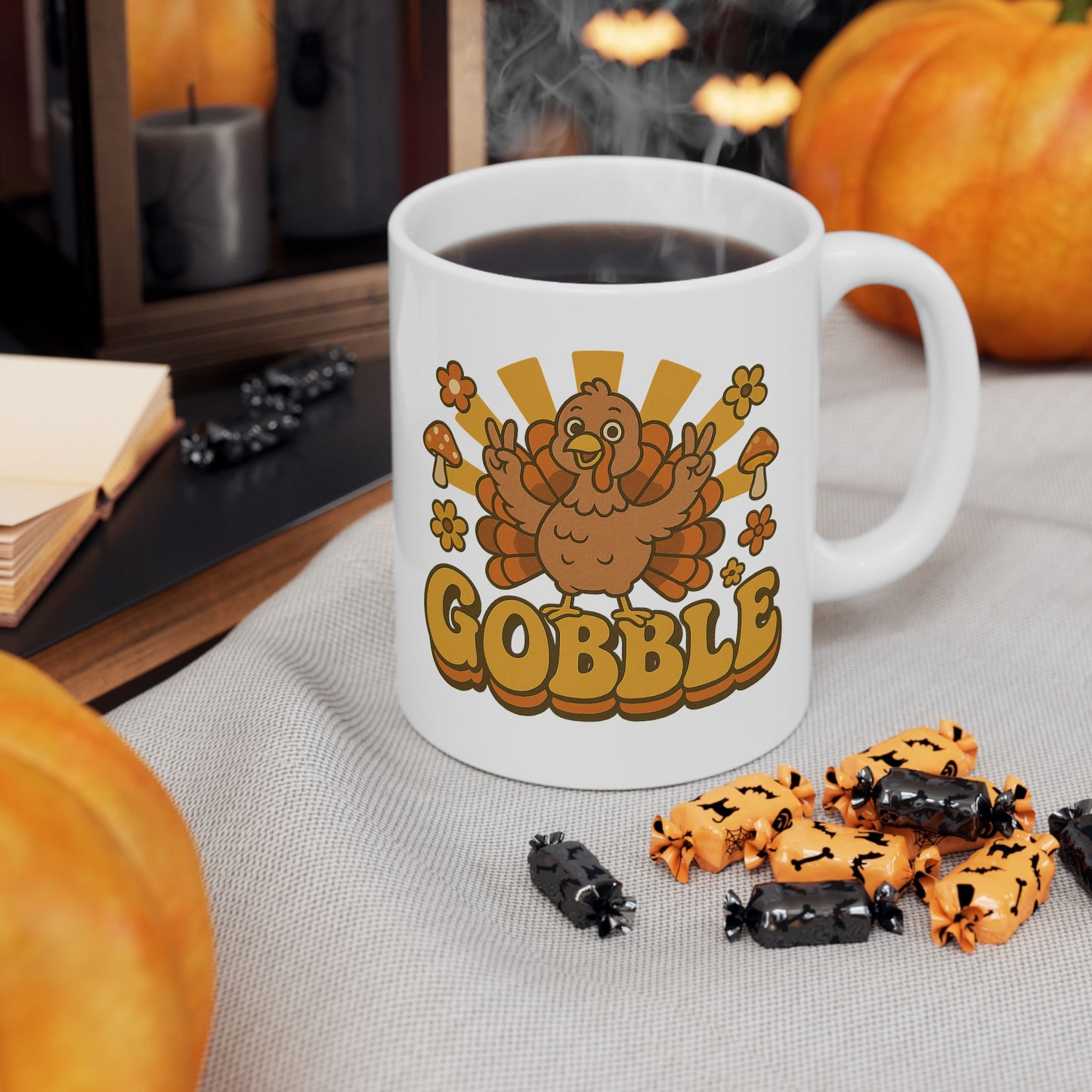 Retro Gobble Thanksgiving Mug, Cute Turkey Coffee Cup With 70s Fall Design, Funny Autumn Ceramic Mug For Holiday Decor And Festive Gifts