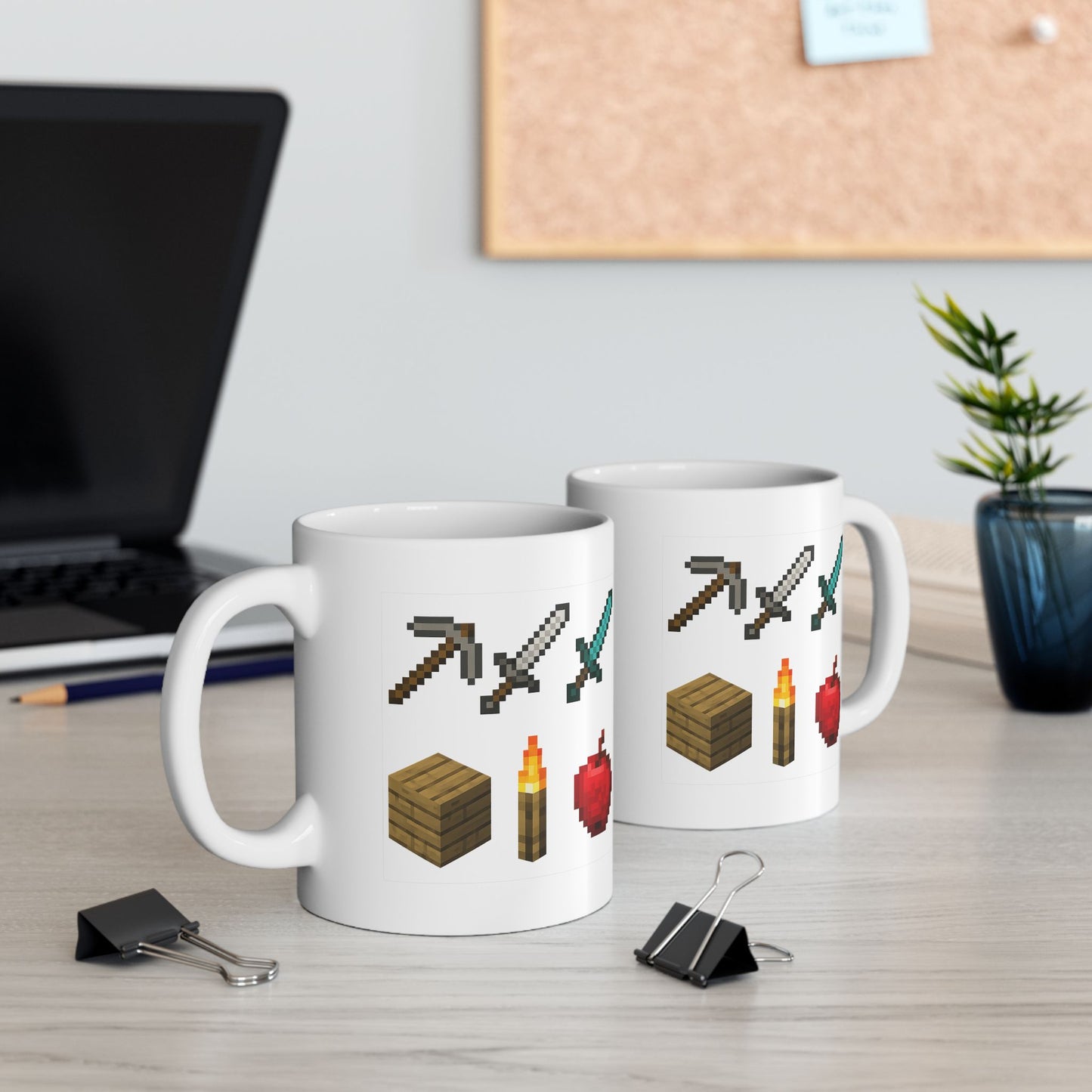 Pixel Survival Gamer Mug – Block Builder Adventure Coffee Cup with 8-Bit Tools, Swords, Torch & Apple | Funny Gaming Gift for Fans