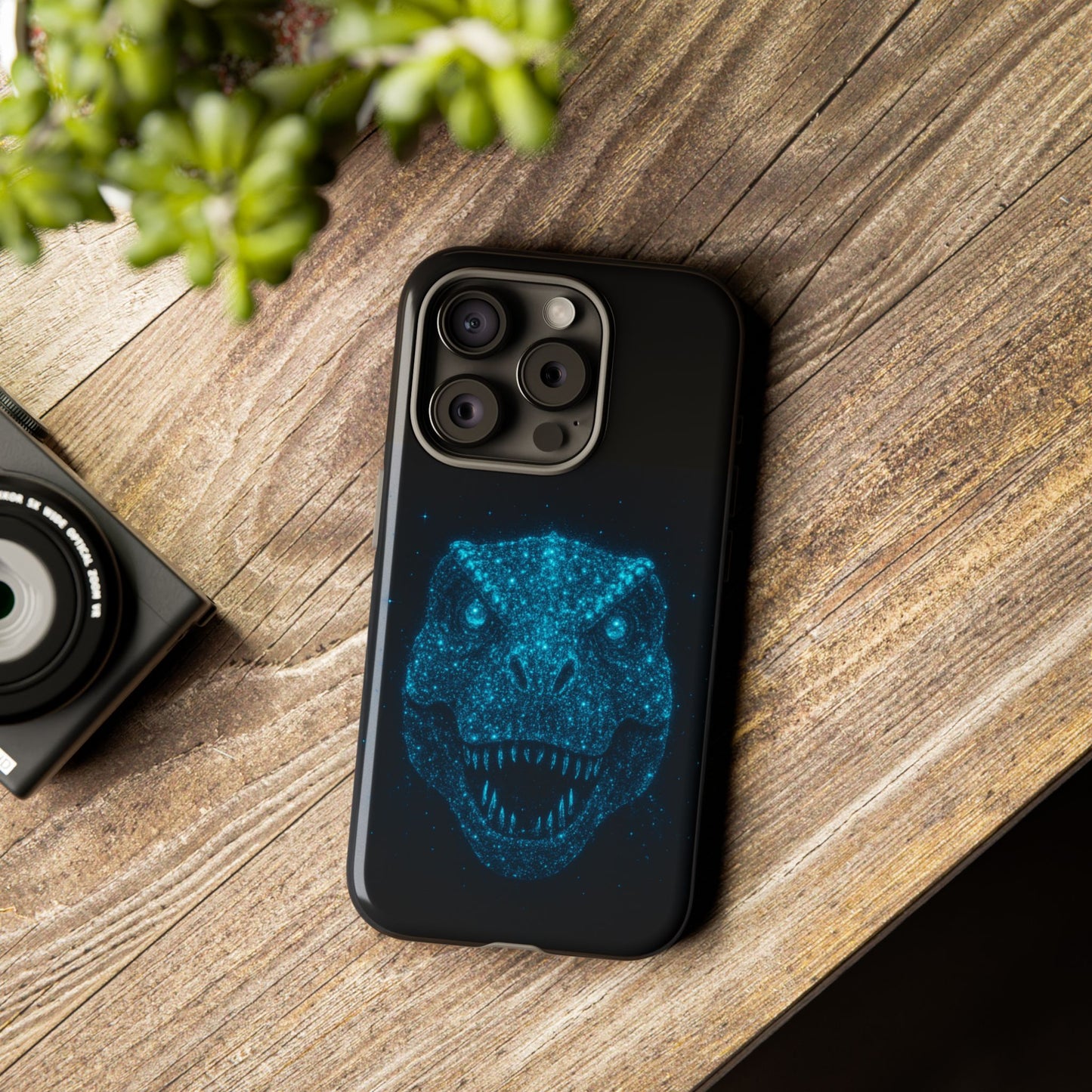 Bioluminescent Particle T-Rex iPhone Case - Galaxy-Style Cosmic Dino on Tough Dual-Layer Cover, Gift for Dino & Space Fans
