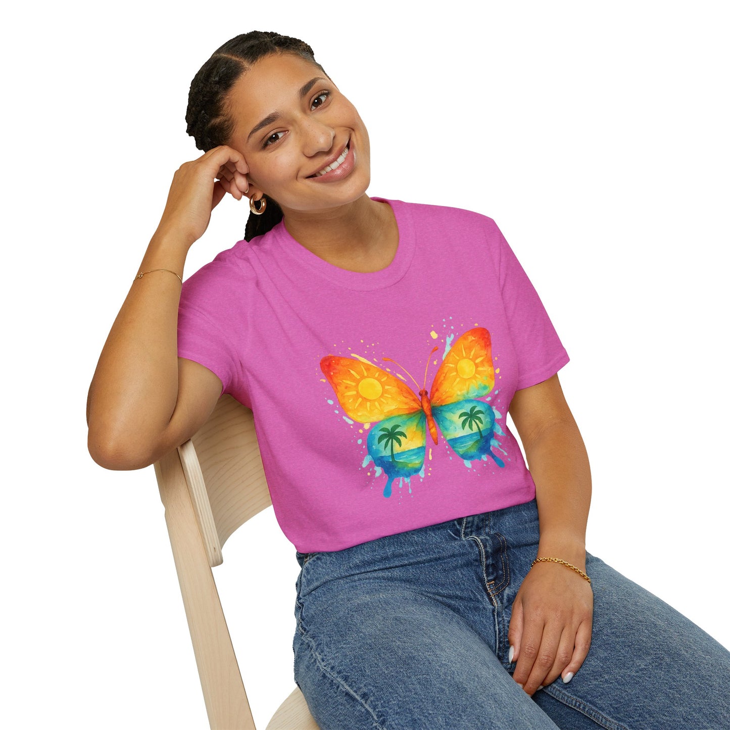 Butterfly Sunset Beach Tee - Ocean & Palm Watercolor Butterfly T-Shirt, Coastal Boho Graphic, Nature Lover Gift, Unisex Casual Tee