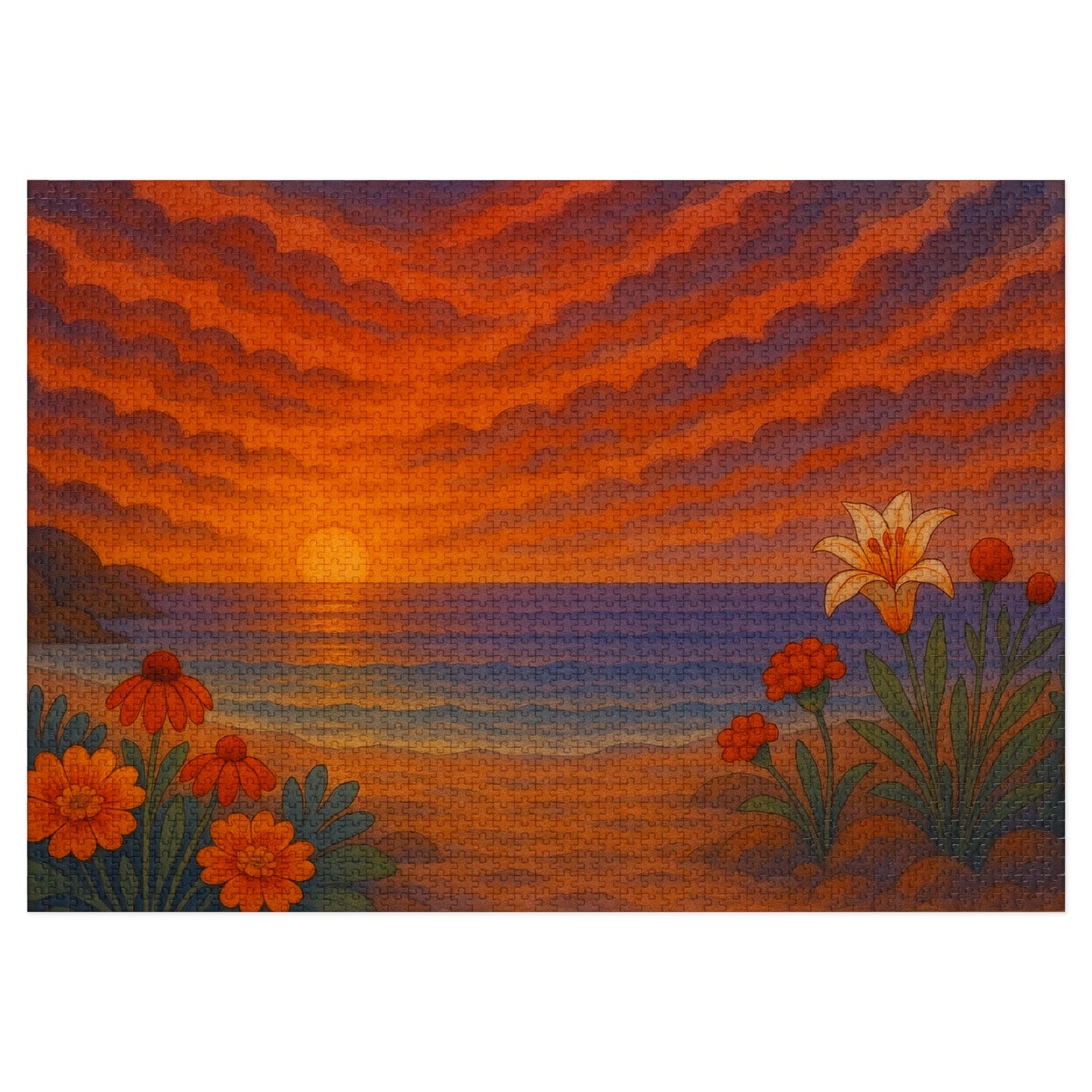 Jigsaw Puzzle: Floral Ocean Sunset Nautical Puzzle Seaside Game Family Fun Night