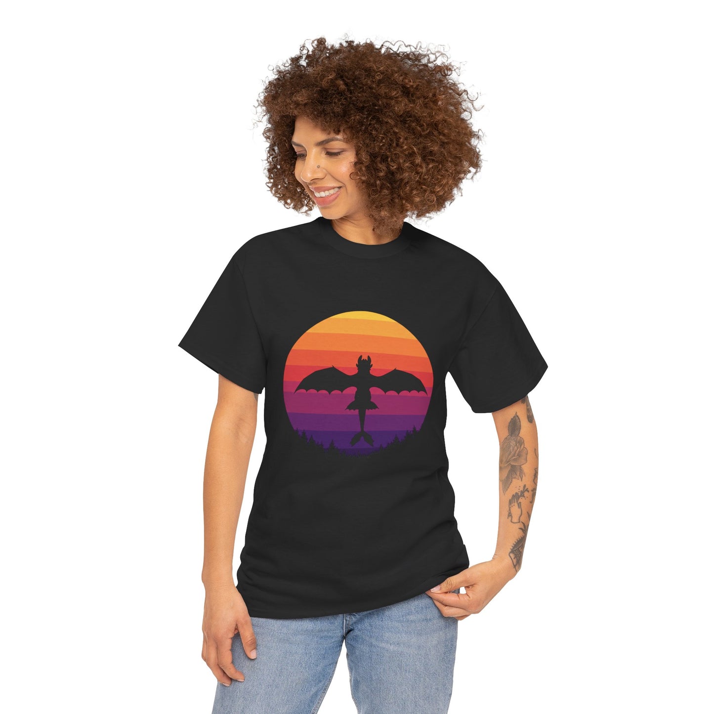 Night Dragon Sunset T-Shirt | Retro Dragon Silhouette Tee | Fantasy Dragon Shirt | Unisex Graphic Tee | Gift for Dragon Lovers