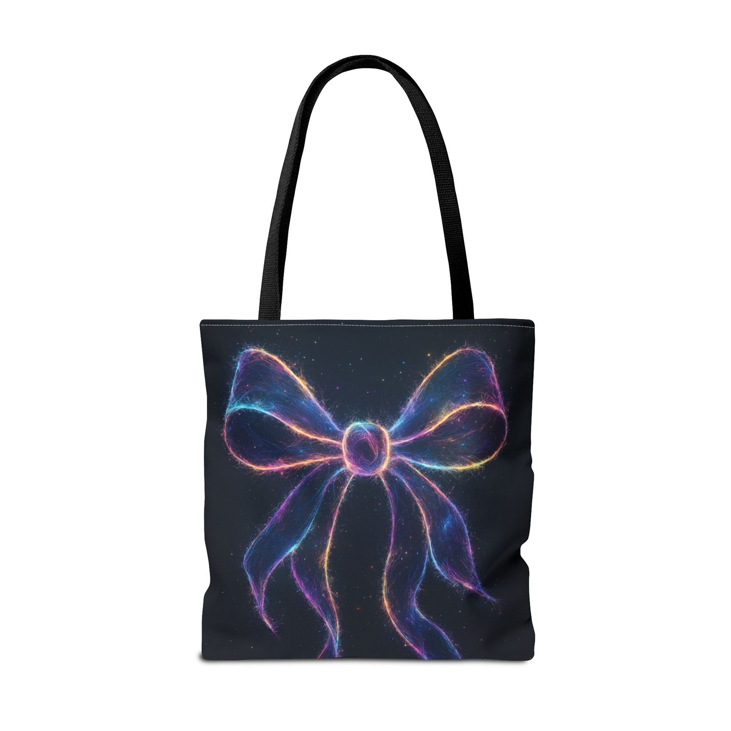 Galaxy Glow Bow Tote Bag, Cosmic Neon Ribbon Design, Black Space Art Bag, Celestial Gift For Her, Stylish Reusable Everyday Tote