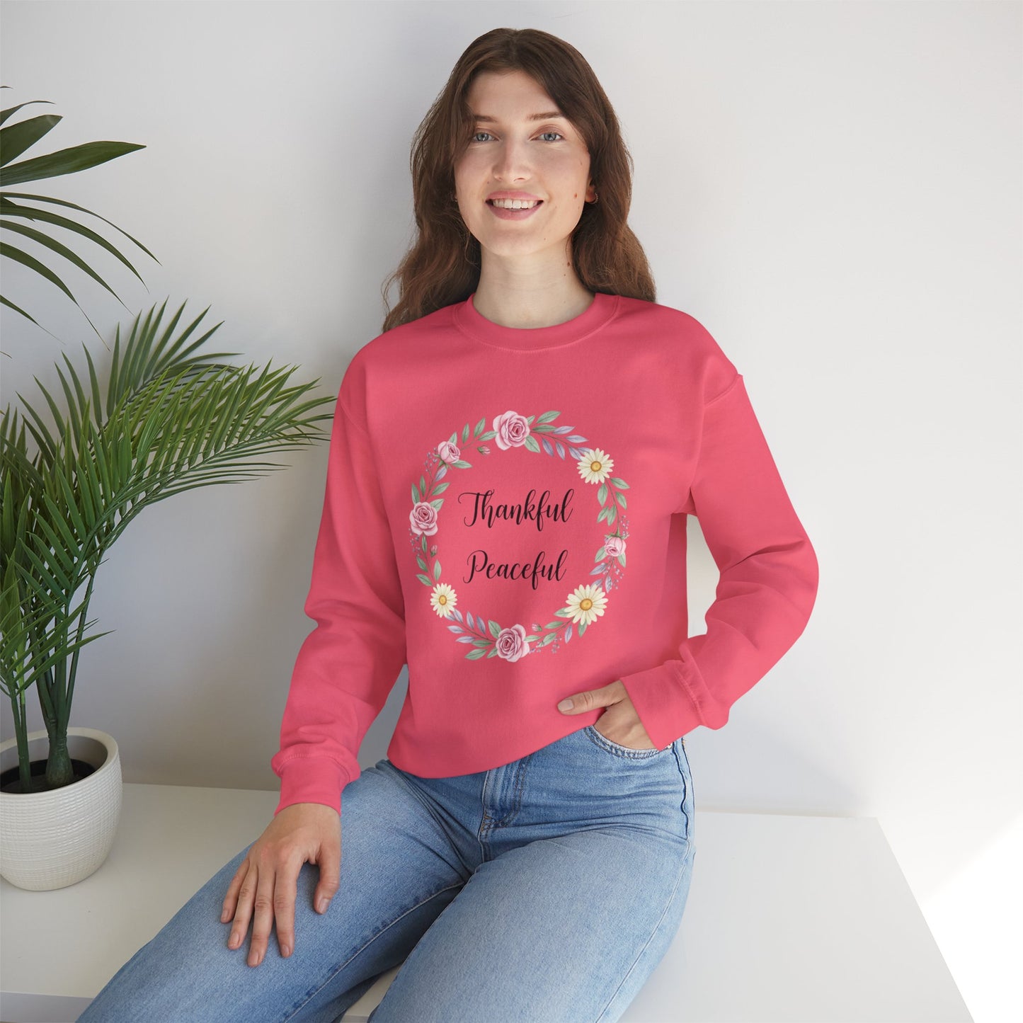 Thankful Peaceful Sweatshirt, Floral Wreath Crewneck, Inspirational Quote Sweater, Positive Message Pullover, Uplifting Gift For Women