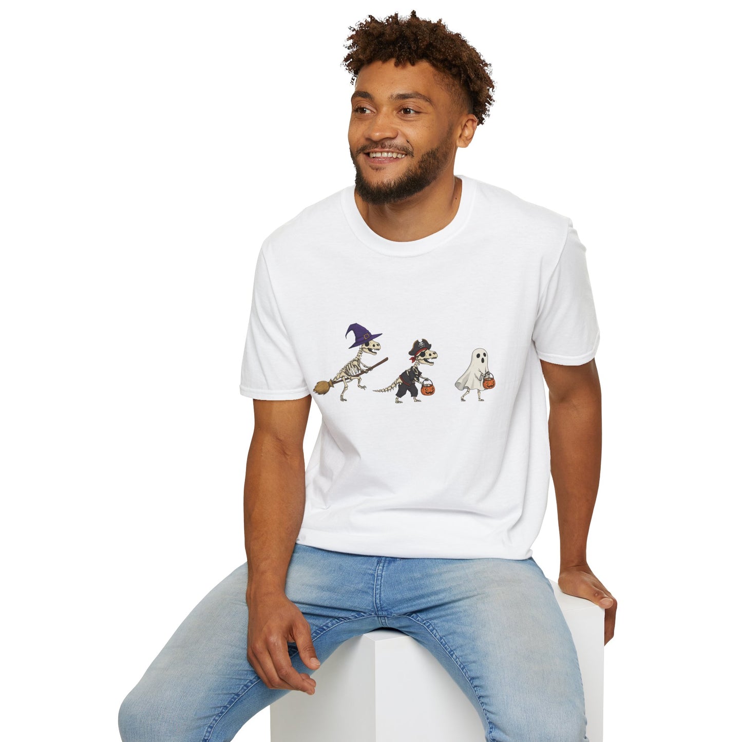Halloween Dinosaur Skeleton Shirt - Trick-or-Treat Dino Tee, Funny T-Rex Ghost and Witch Costume Shirt, Spooky Cute Skeleton Tee, Unisex