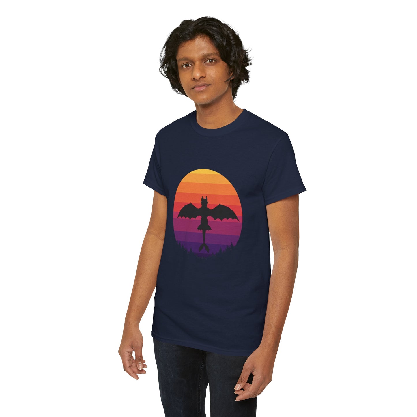 Night Dragon Sunset T-Shirt | Retro Dragon Silhouette Tee | Fantasy Dragon Shirt | Unisex Graphic Tee | Gift for Dragon Lovers