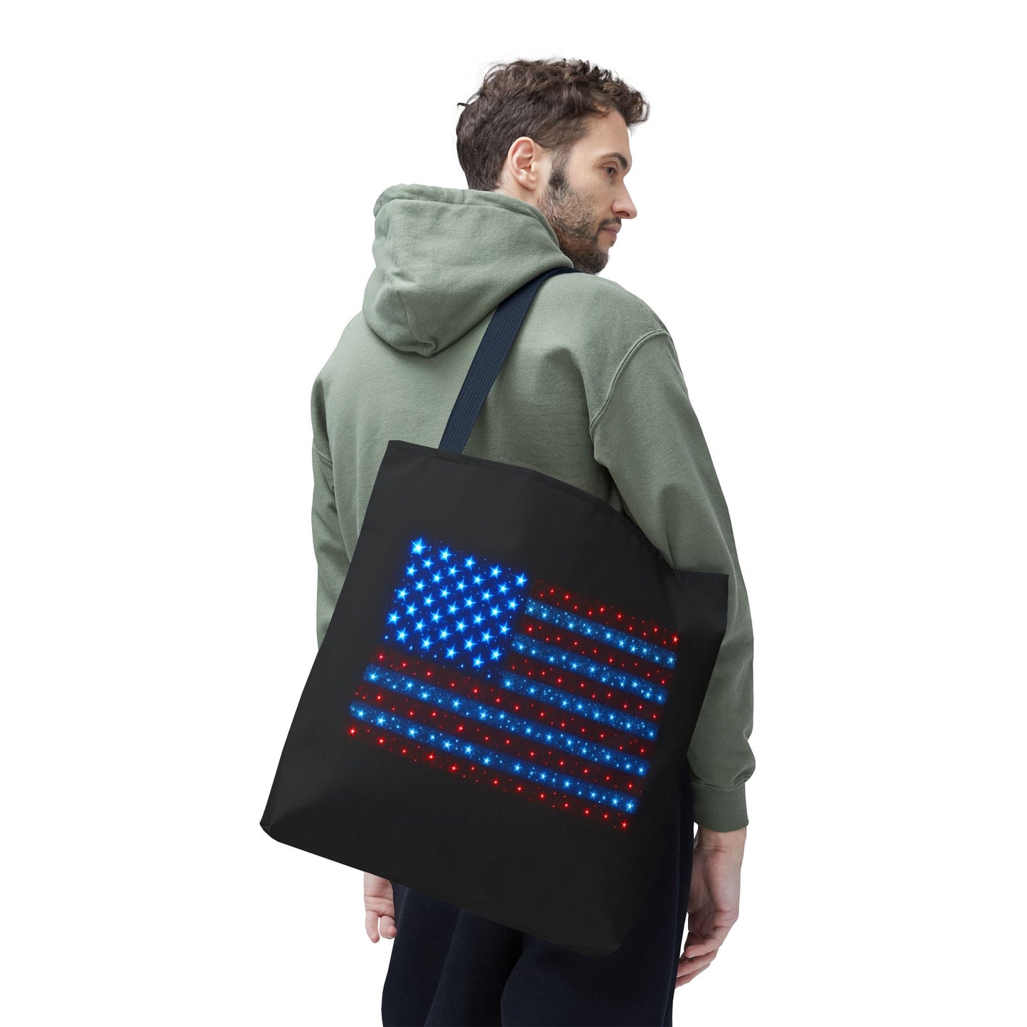 Galaxy Bioluminescent USA Flag Tote Bag - Patriotic Cosmic Canvas Shopper - Starry Red White Blue Tote Non-Glow - 4th July Gift
