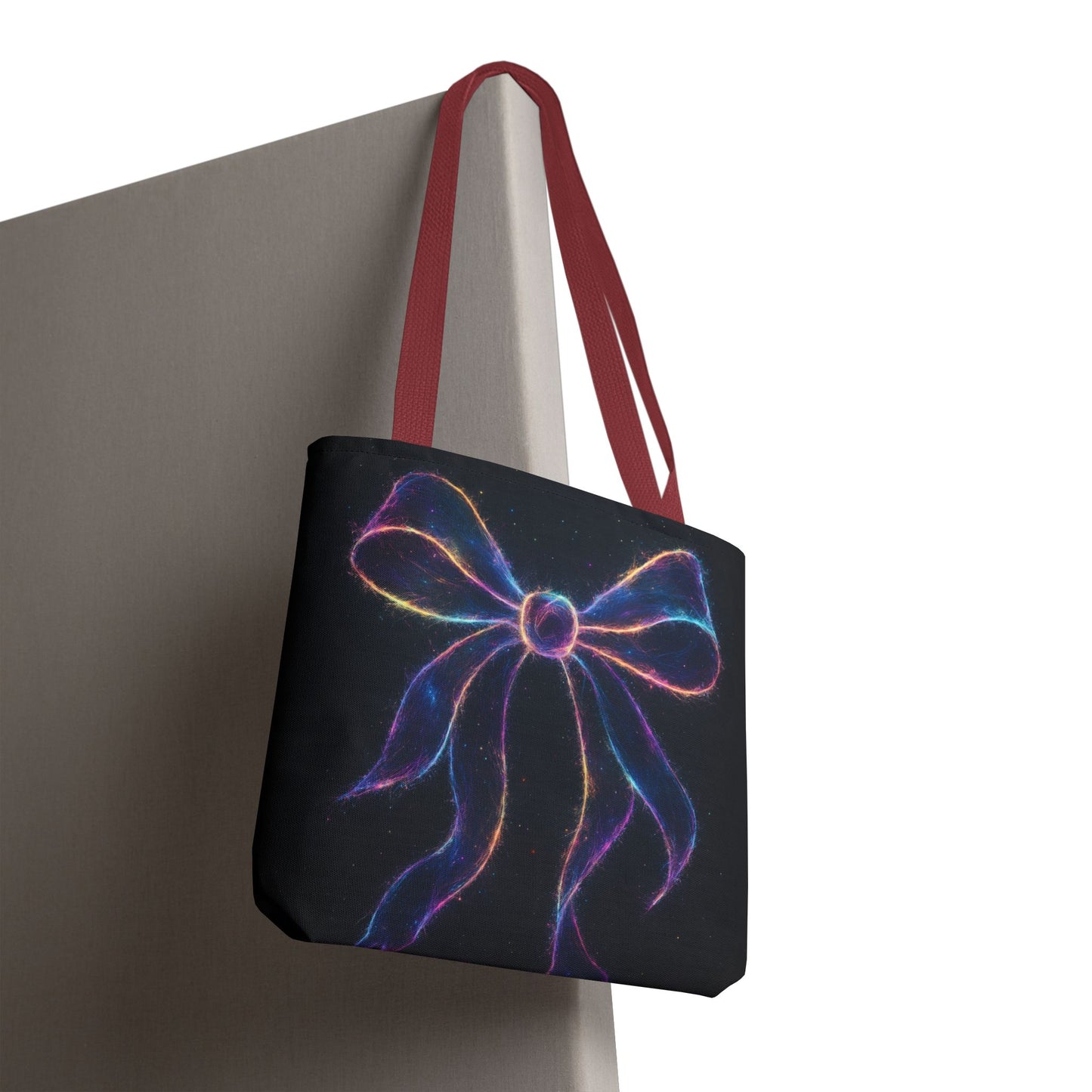 Galaxy Glow Bow Tote Bag, Cosmic Neon Ribbon Design, Black Space Art Bag, Celestial Gift For Her, Stylish Reusable Everyday Tote