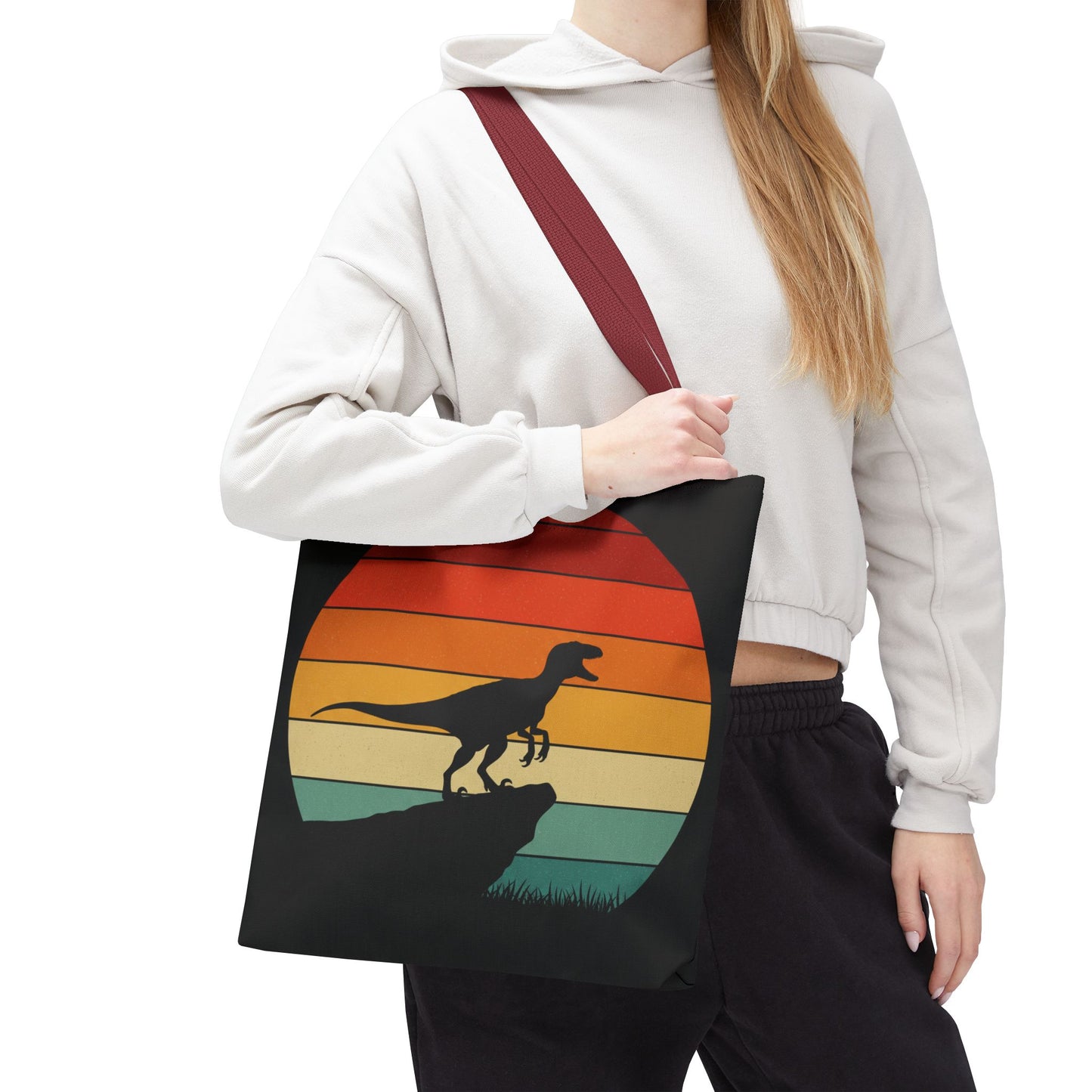 Retro Dino Sunset Tote Bag - Eco Canvas Dinosaur Beach Bag | Sustainable and Stylish Camping, Dino Lover Gift, Reusable Market Tote