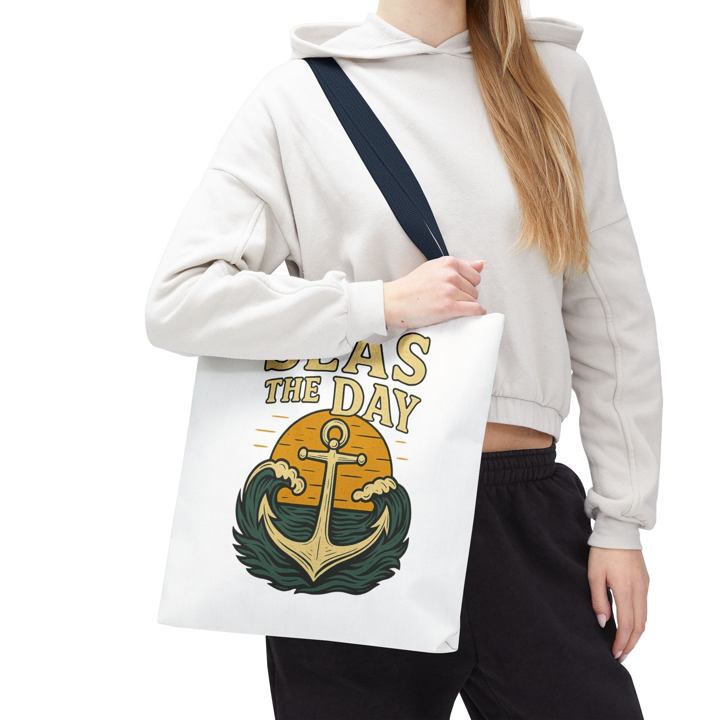 "Seas the Day" Nautical Tote Bag – Funny Beach Quote Canvas Bag with Anchor | Coastal Gift Idea for Summer, Travel, or Daily Use