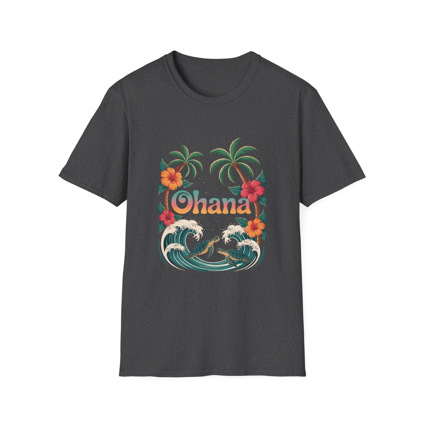 Ohana Shirt - Retro Hawaiian Sea Turtle & Palm Tree Graphic Tee - Tropical Beach Family Gift, Summer Vacation Aesthetic T-Shirt