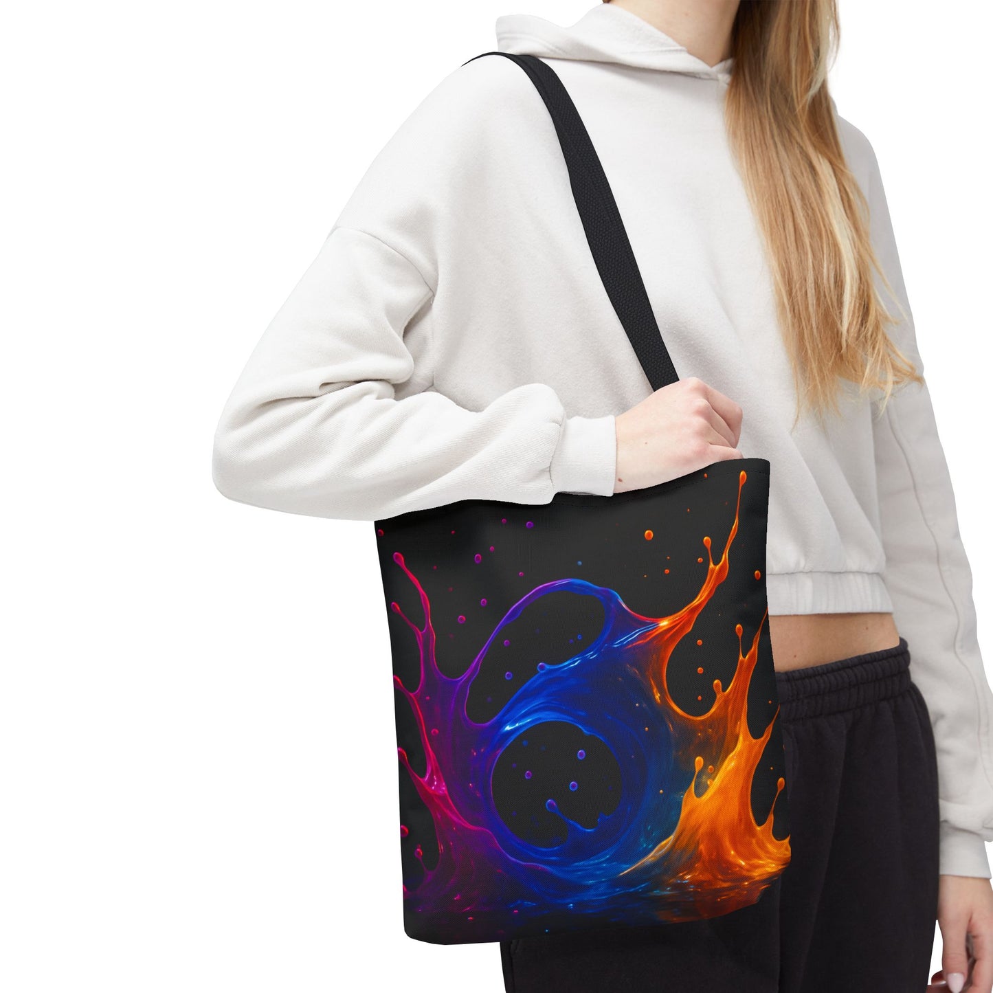 Elemental Fusion Tote Bag, Fire And Water Abstract Art Design, Vibrant Blue And Orange Splash Reusable Tote For Artists, Travel, And Everyday Use
