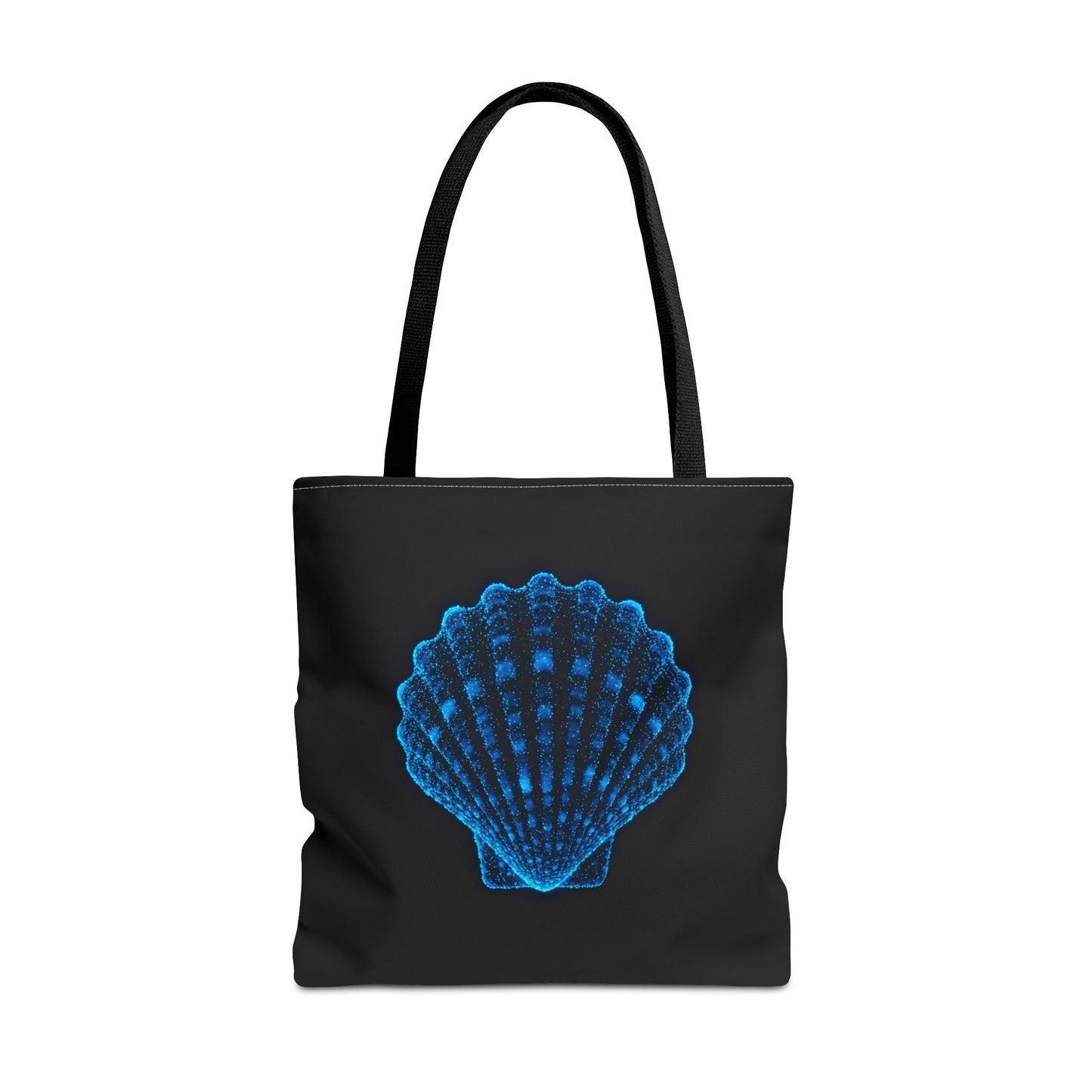 Neon Blue Shell Tote Bag – Digital Scallop Design Canvas Tote, Ocean Tech Art, Minimalist Beach Statement, Reusable Black Shopper Bag